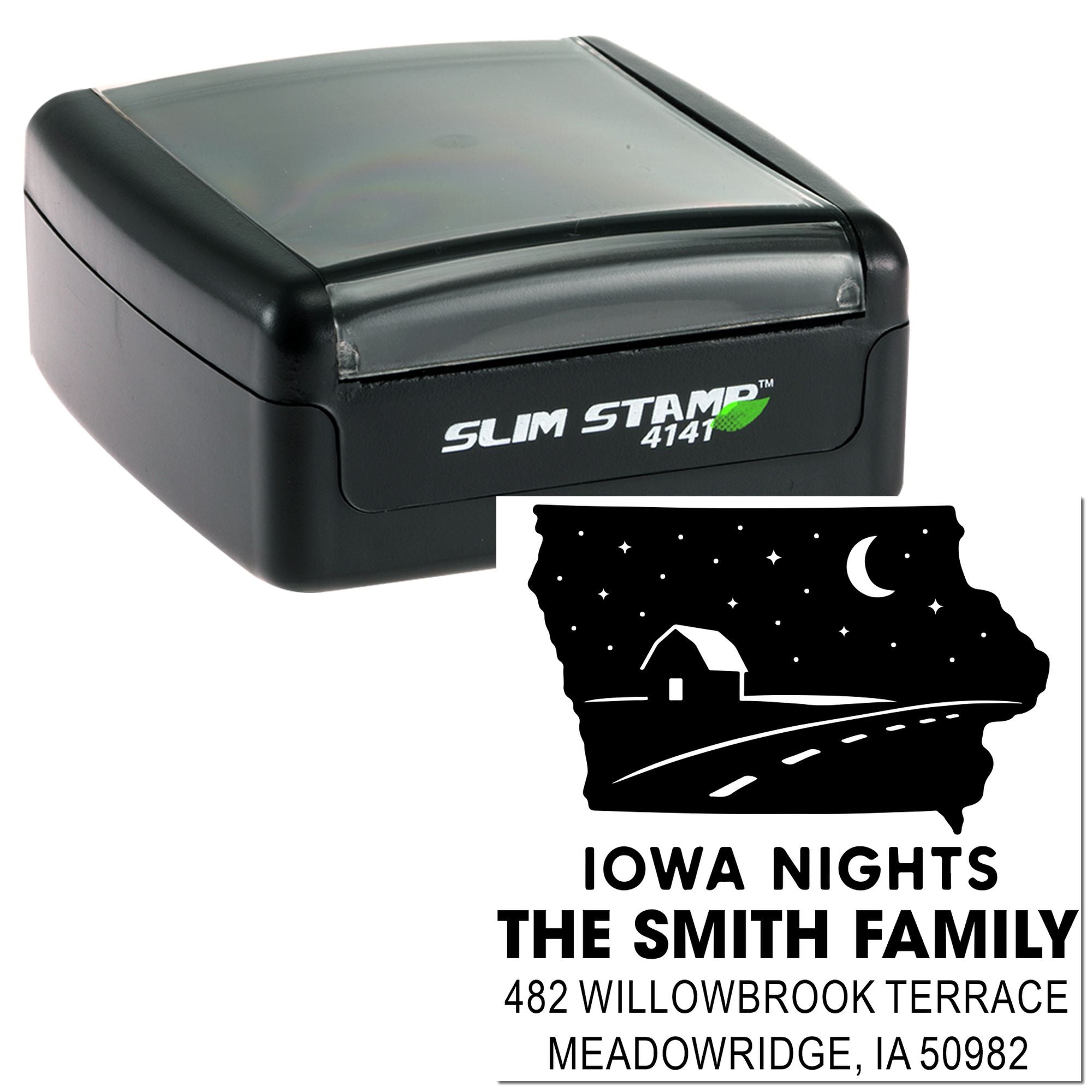Custom self-inking Slim Stamp rubber address stamp with Iowa Nights design and Smith Family mailing address