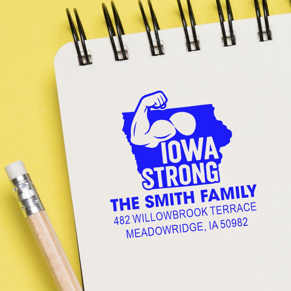 Custom Iowa Strong return address rubber stamp for The Smith Family with personalized name and address.