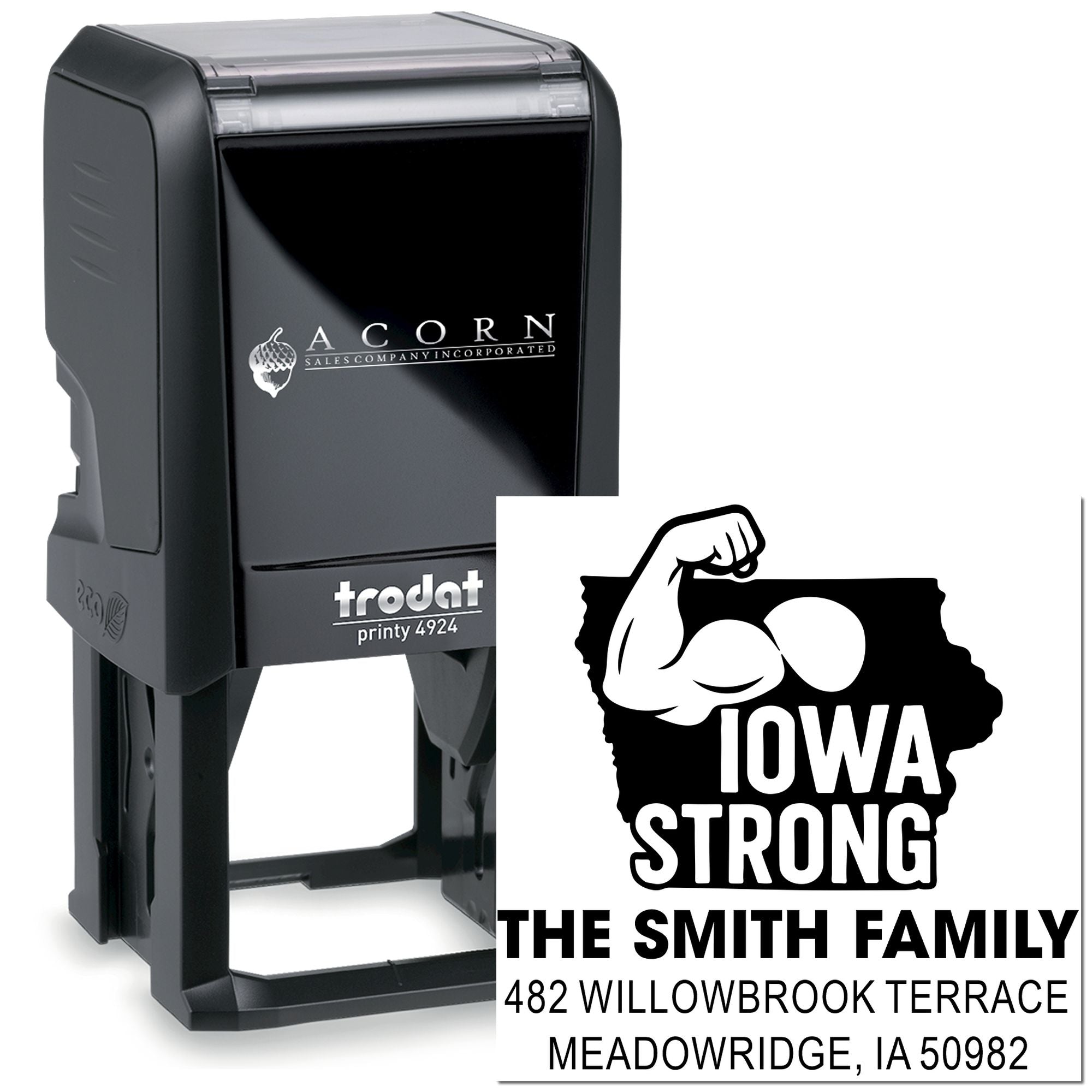 Trodat self-inking custom rubber stamp with Iowa Strong design and The Smith Family return address for personalized mailing.