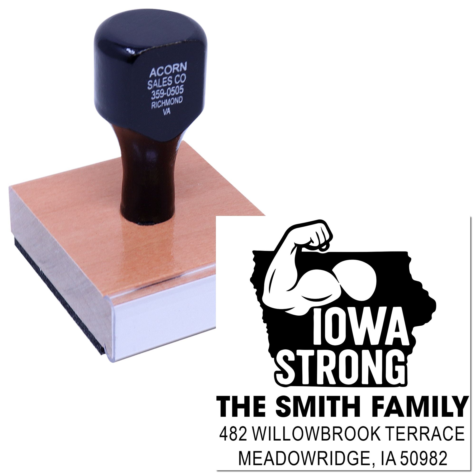 Personalized Iowa Strong return address rubber stamp with custom family name, address, and state design