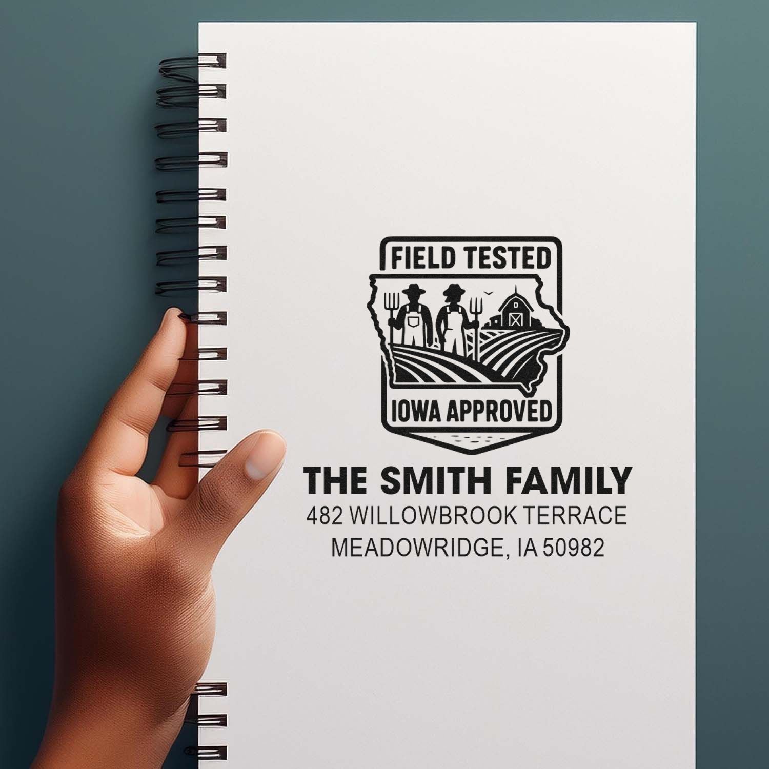 Custom rubber stamp for personalized family address labels, featuring a Field Tested Iowa Approved farm-style design.