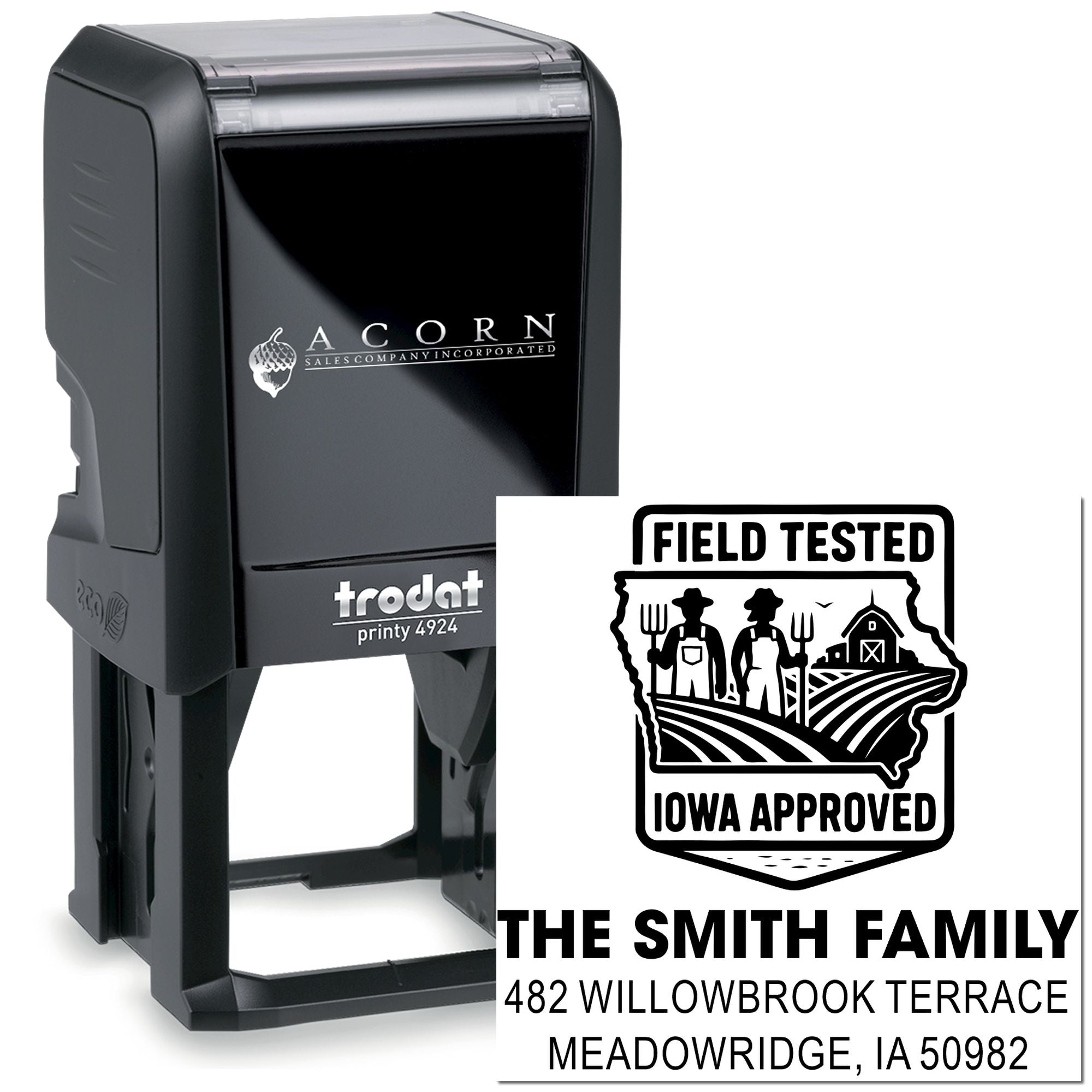 Custom self-inking rubber stamp with personalized address and Iowa-approved field-tested design for home or farm use.