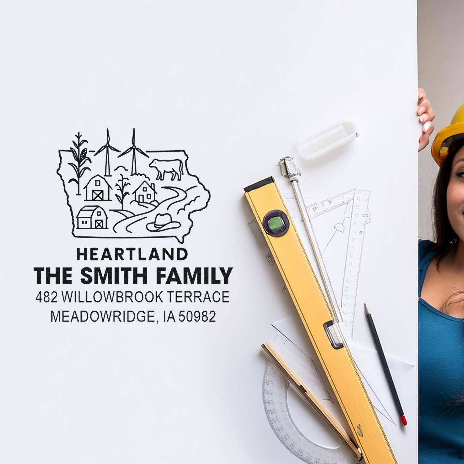 Custom rubber address stamp with Heartland farm icon, Smith family name, and Iowa return address for personalized mailing.