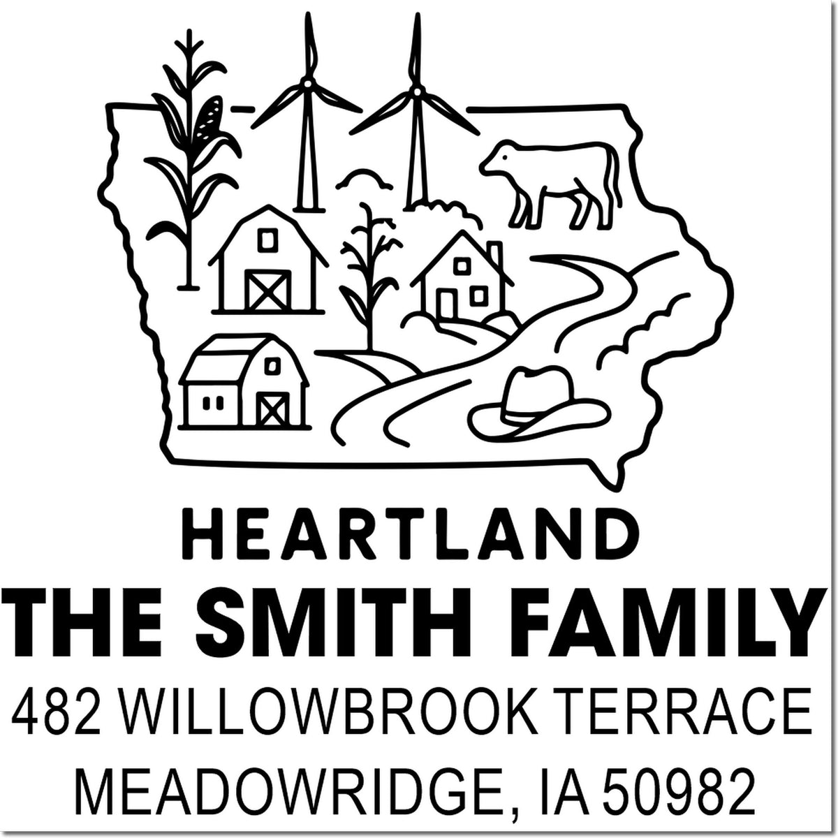 Custom Iowa heartland family address rubber stamp with farm scene, wind turbines, Smith family name, and Meadowridge address.