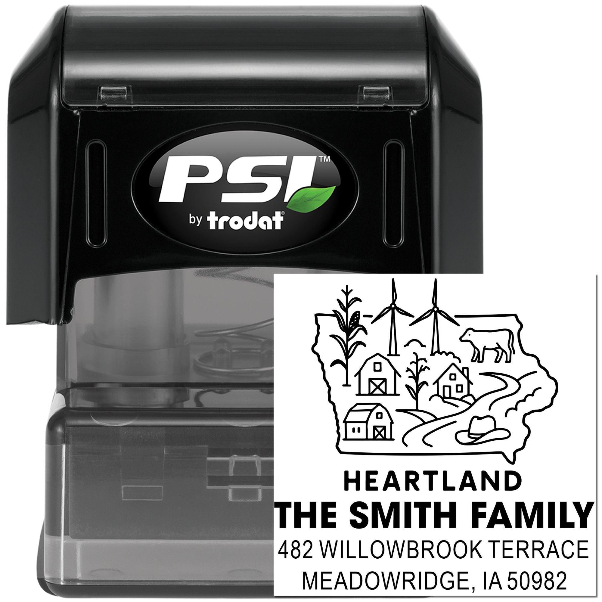 PSI by Trodat self-inking custom address rubber stamp with Heartland farm logo and Smith Family mailing address.