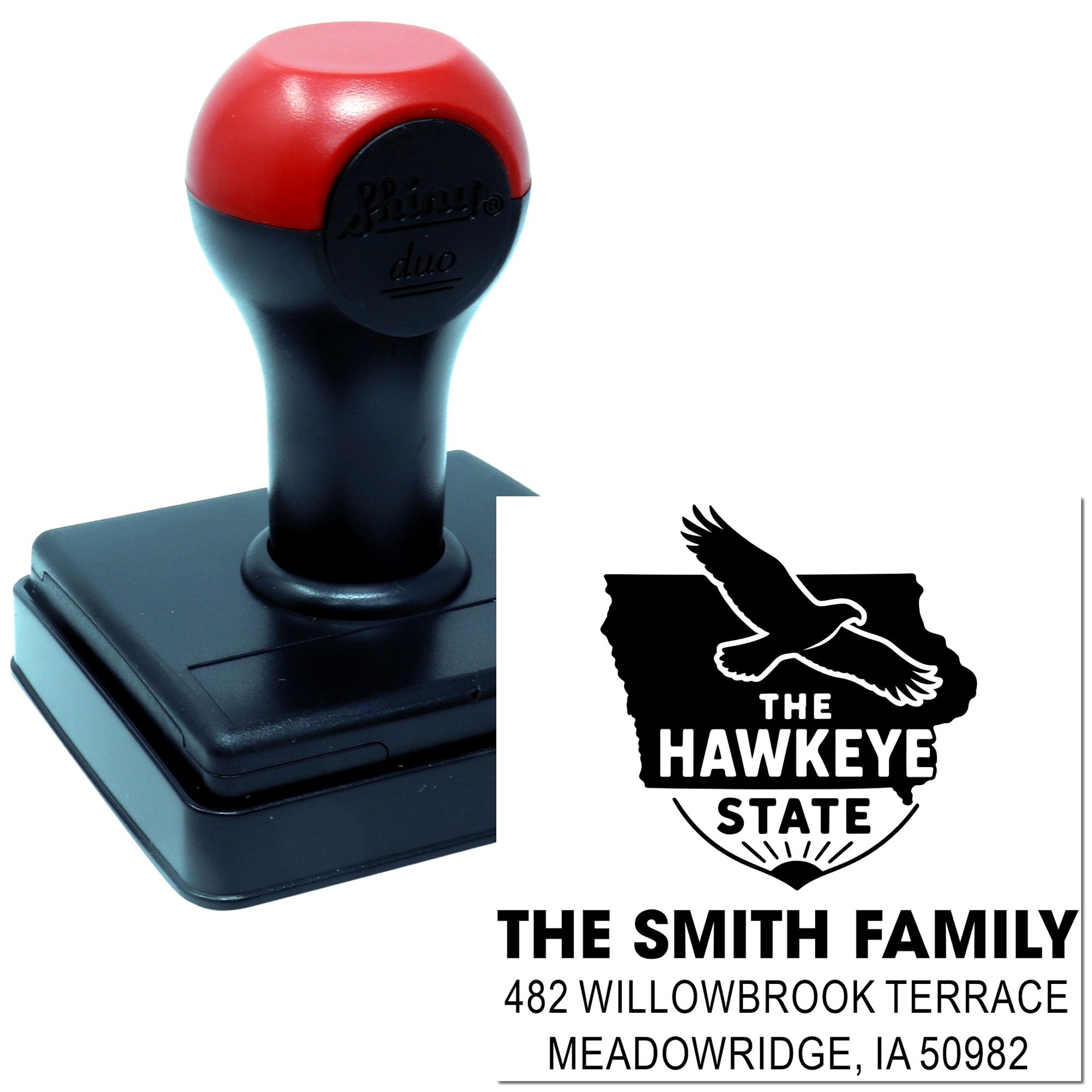 Custom self-inking return address rubber stamp with Hawkeye State eagle design for The Smith Family.