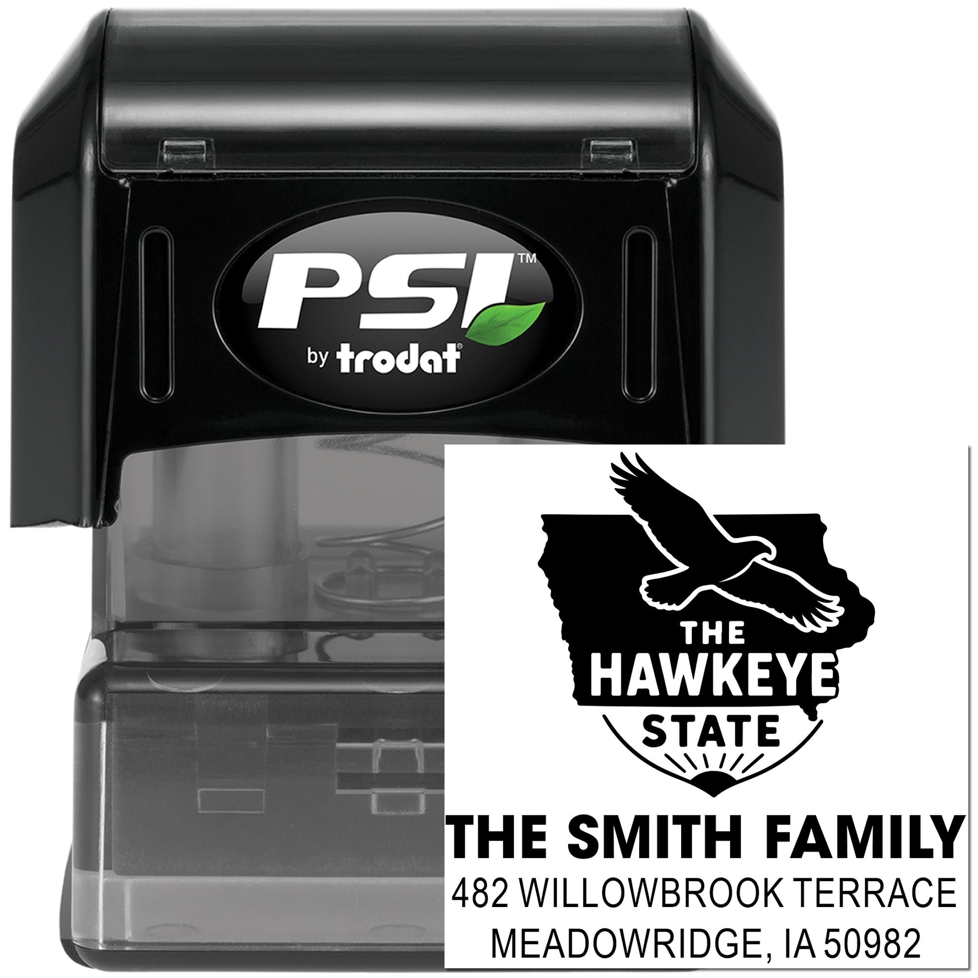 PSI by Trodat self-inking custom address stamp with Iowa Hawkeye State family return address design
