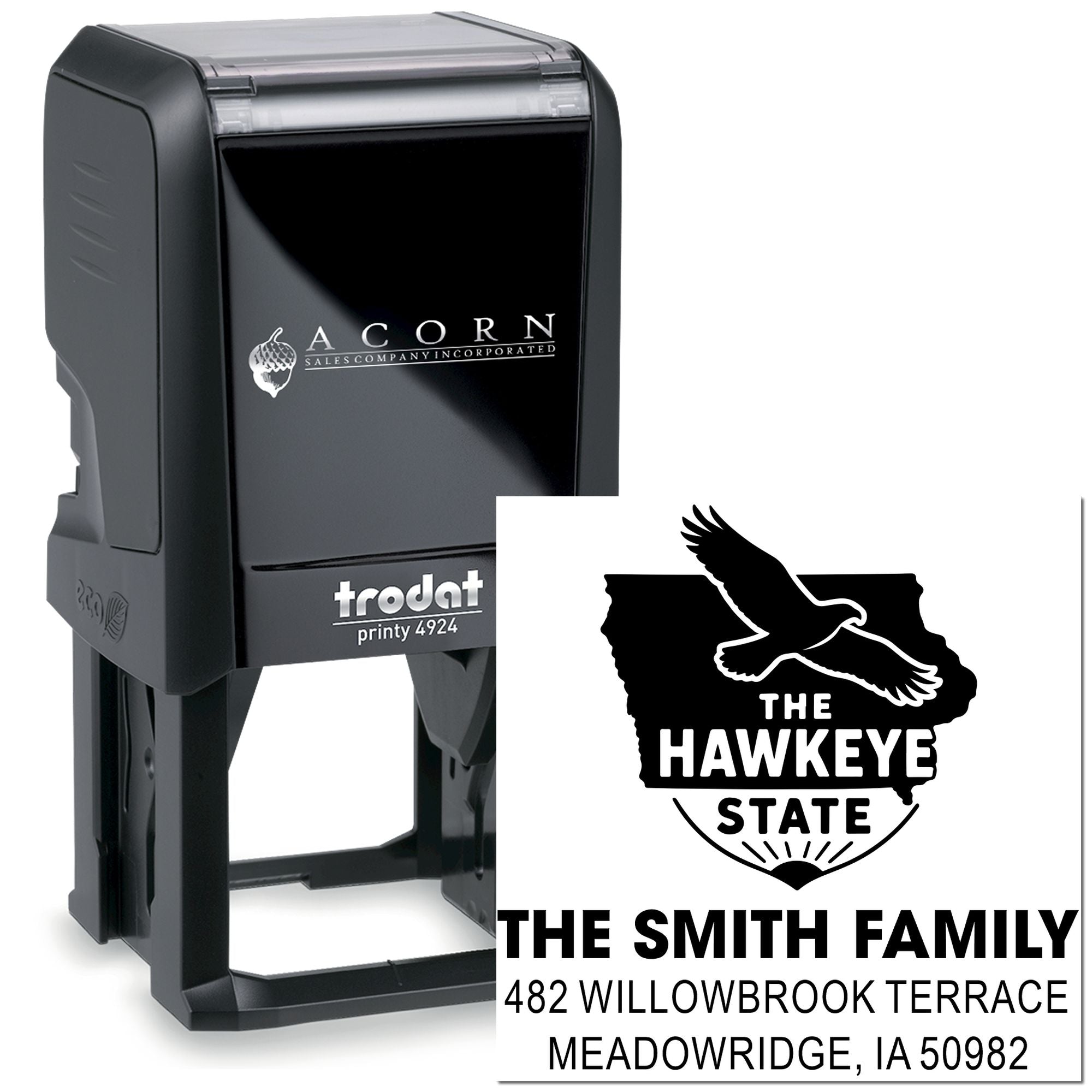 Custom self-inking rubber address stamp for The Smith Family, featuring an Iowa Hawkeye State design.