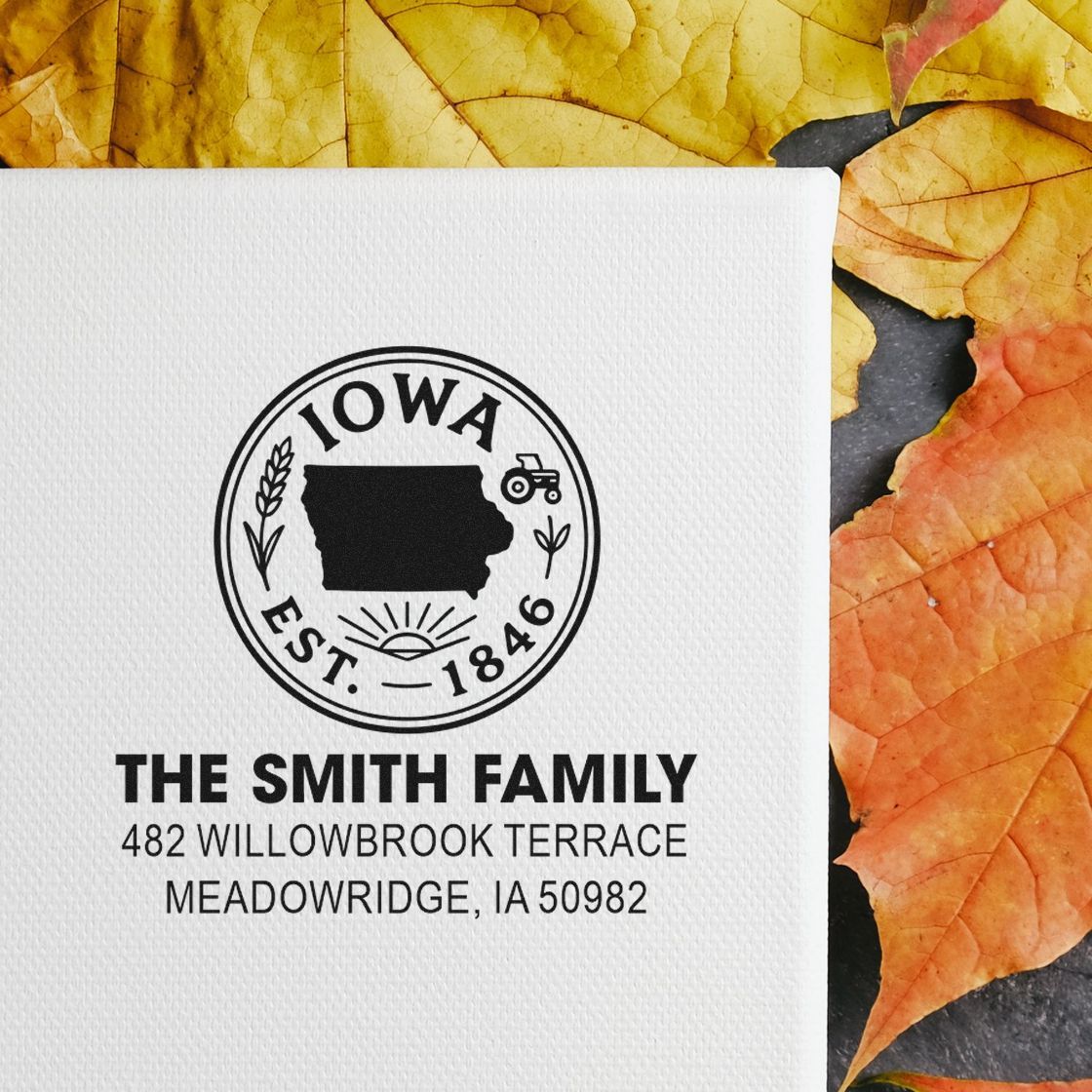 Custom Iowa family return address rubber stamp with state seal design and personalized home address for mailing and packaging.