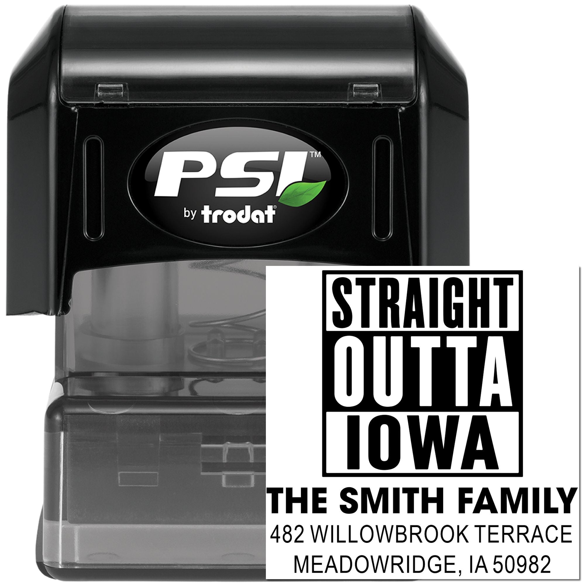 PSI by Trodat custom address rubber stamp with Straight Outta Iowa family return address design and self-inking case