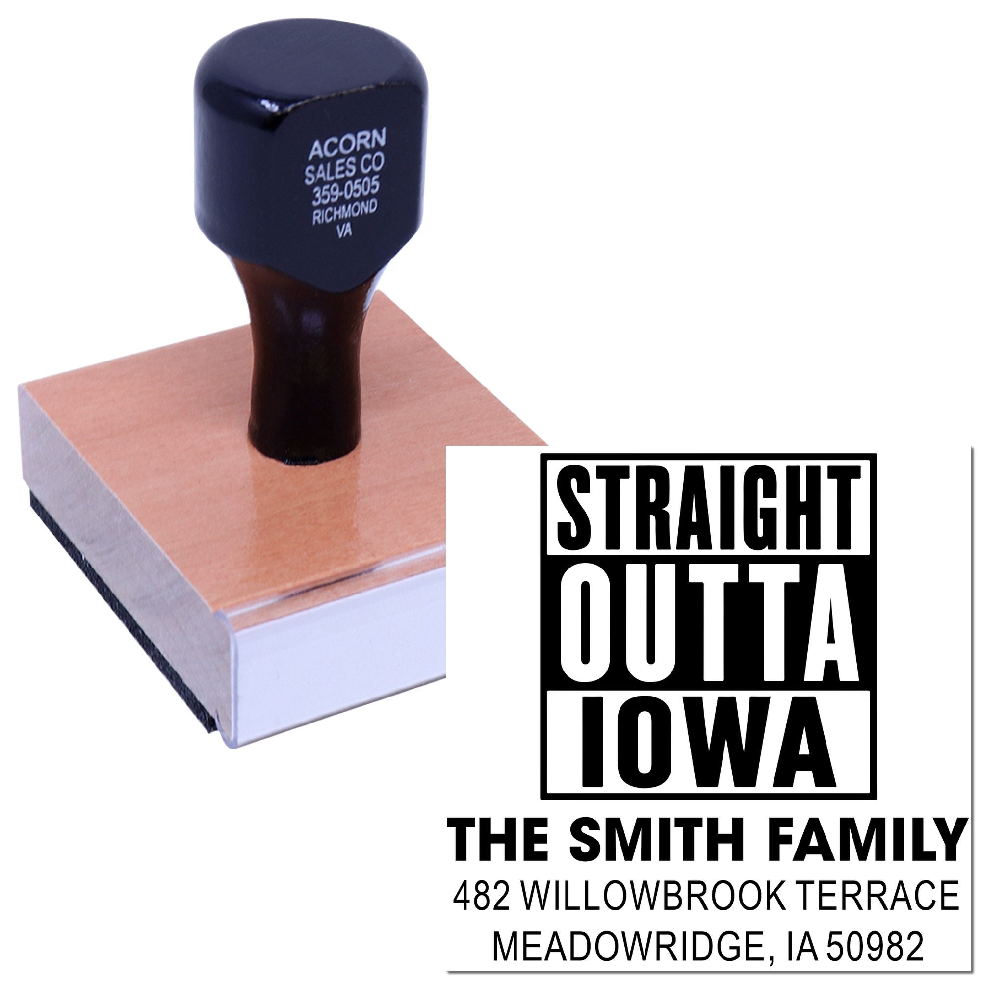 Custom rubber stamp for return addresses featuring Straight Outta Iowa design for The Smith Family, Meadowridge, IA.