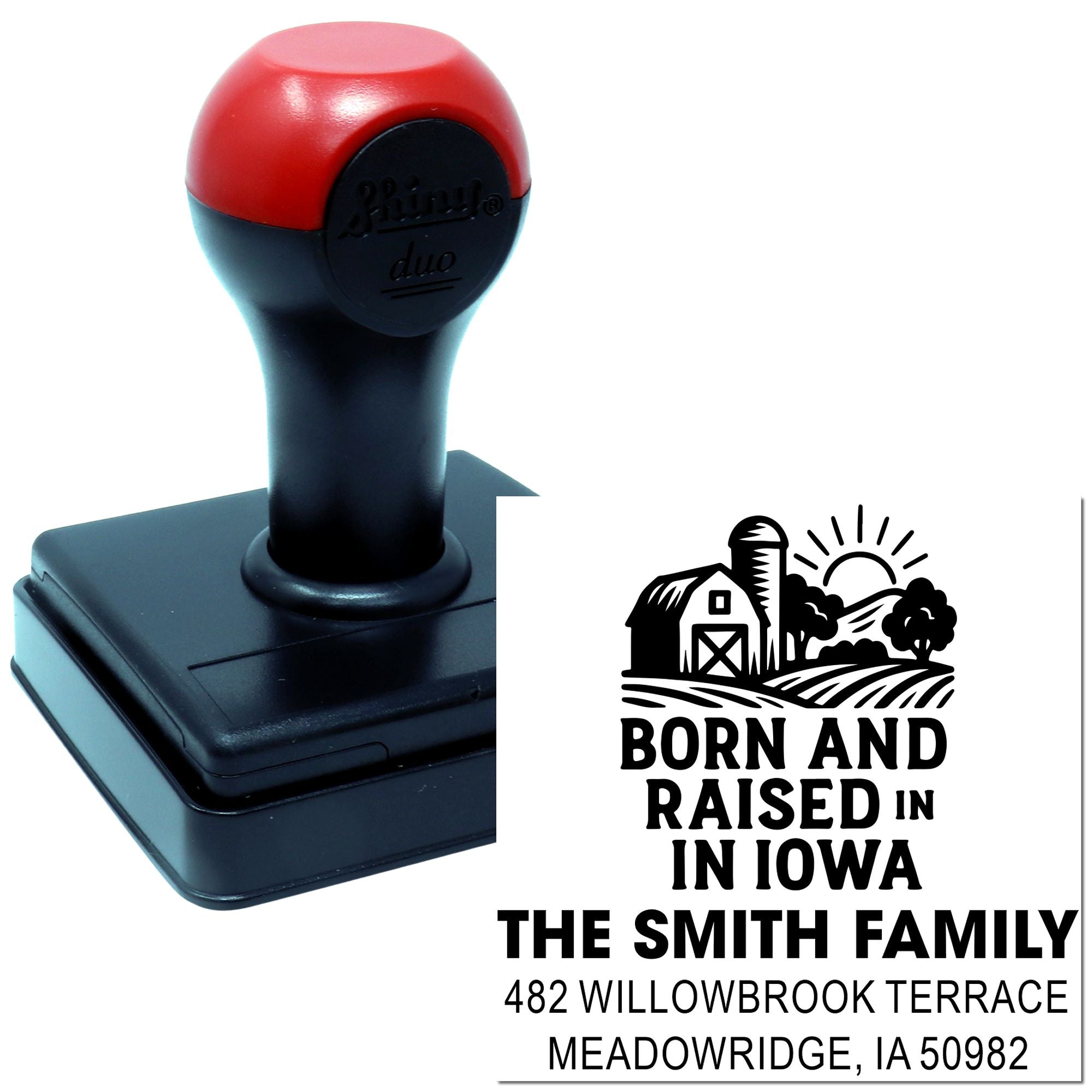 Custom self-inking rubber stamp with farm design and personalized Born and Raised in Iowa address imprint.