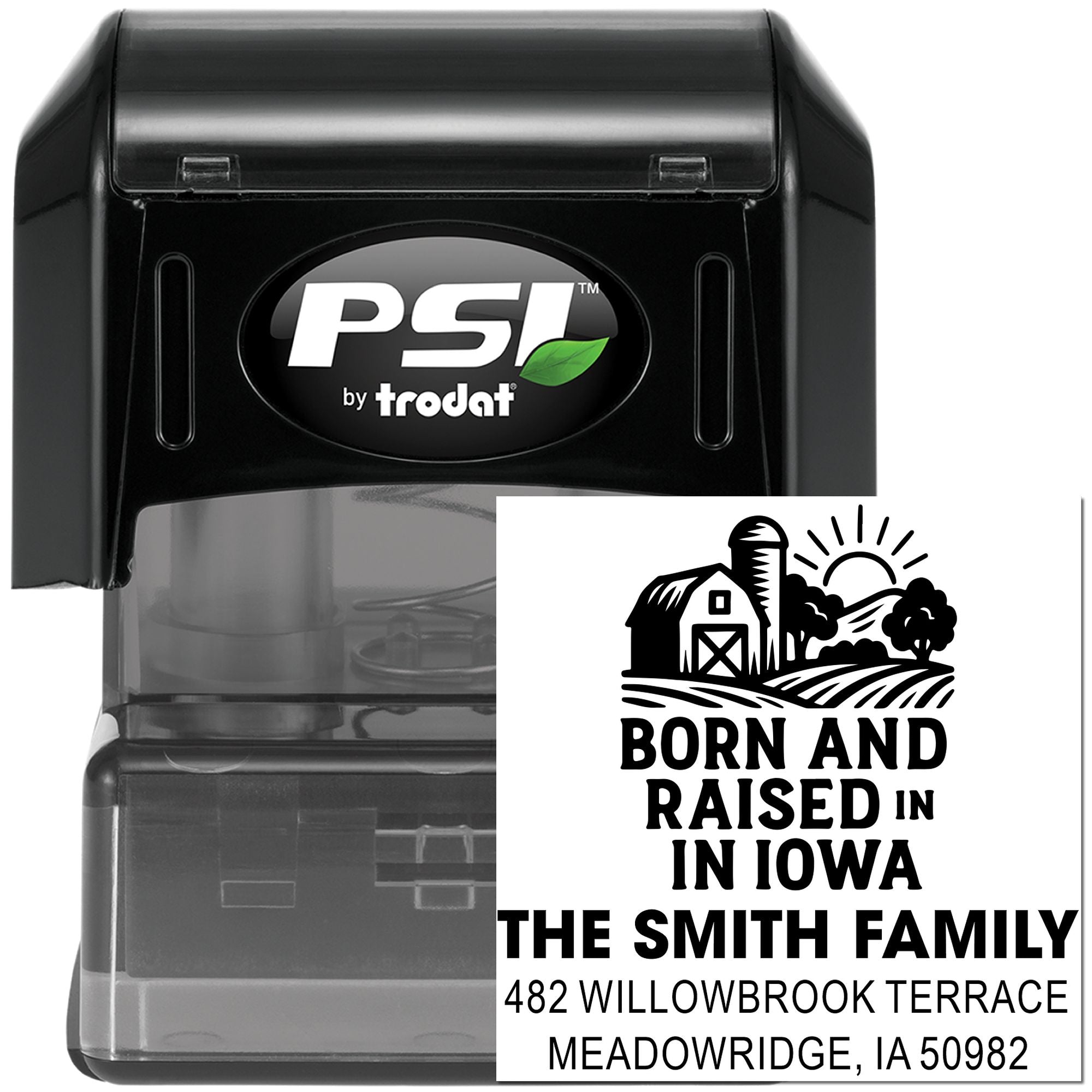 Custom self-inking rubber address stamp with farm design for The Smith Family, Iowa return address by PSI Trodat.