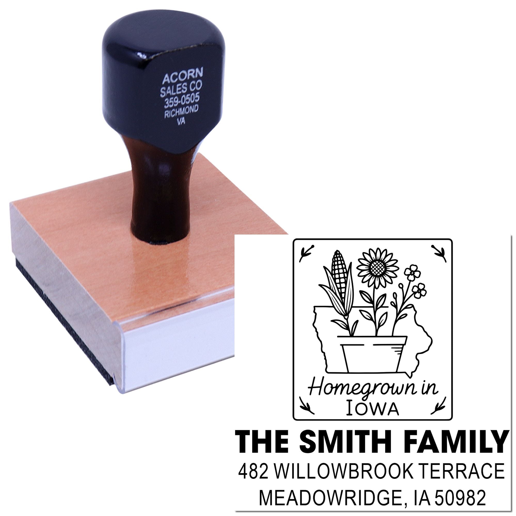 Custom rubber stamp with Homegrown in Iowa design for personalized family address and return mailing labels.