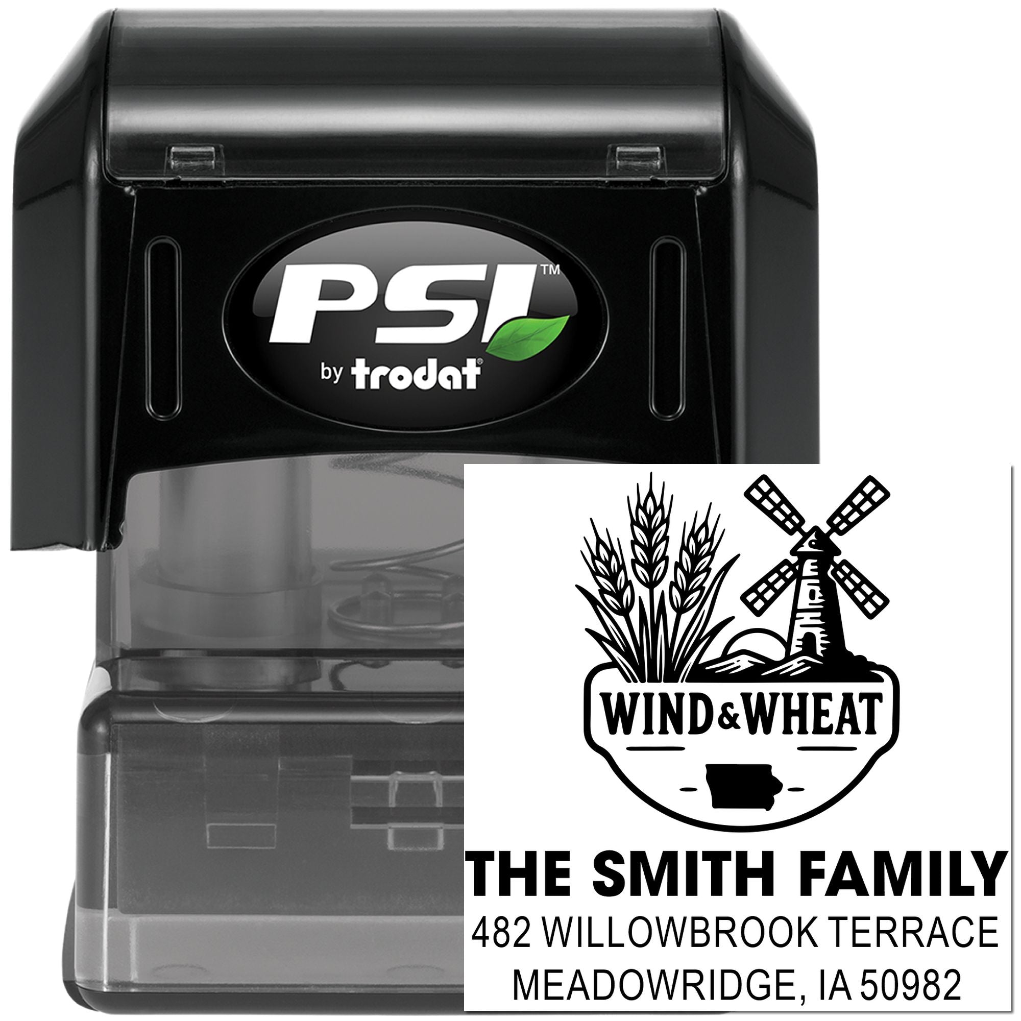 Custom self-inking address rubber stamp by PSI Trodat with Wind & Wheat family design for personalized mailing.