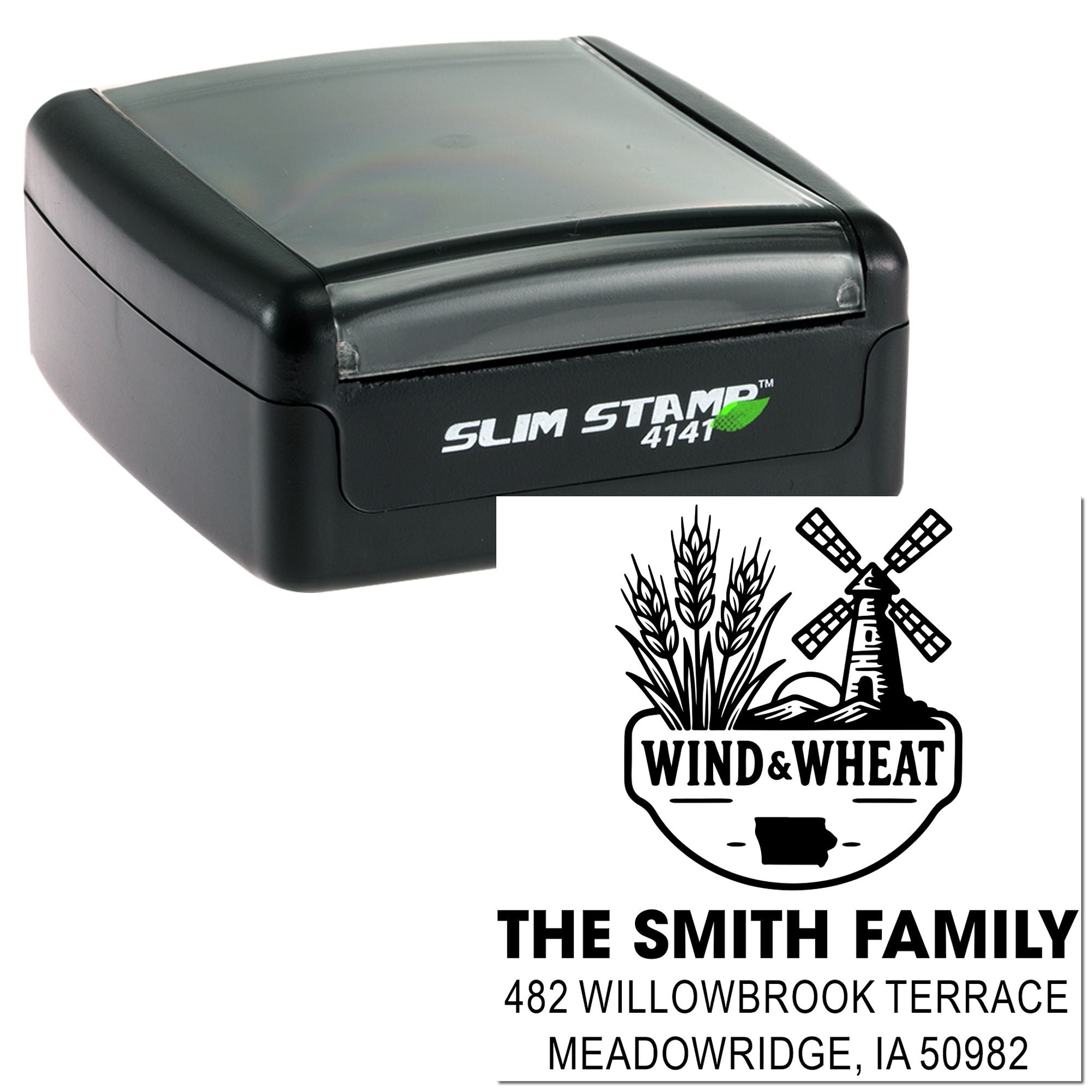 Custom self-inking rubber address stamp with Wind & Wheat farm logo and The Smith Family, Meadowridge, IA return address.