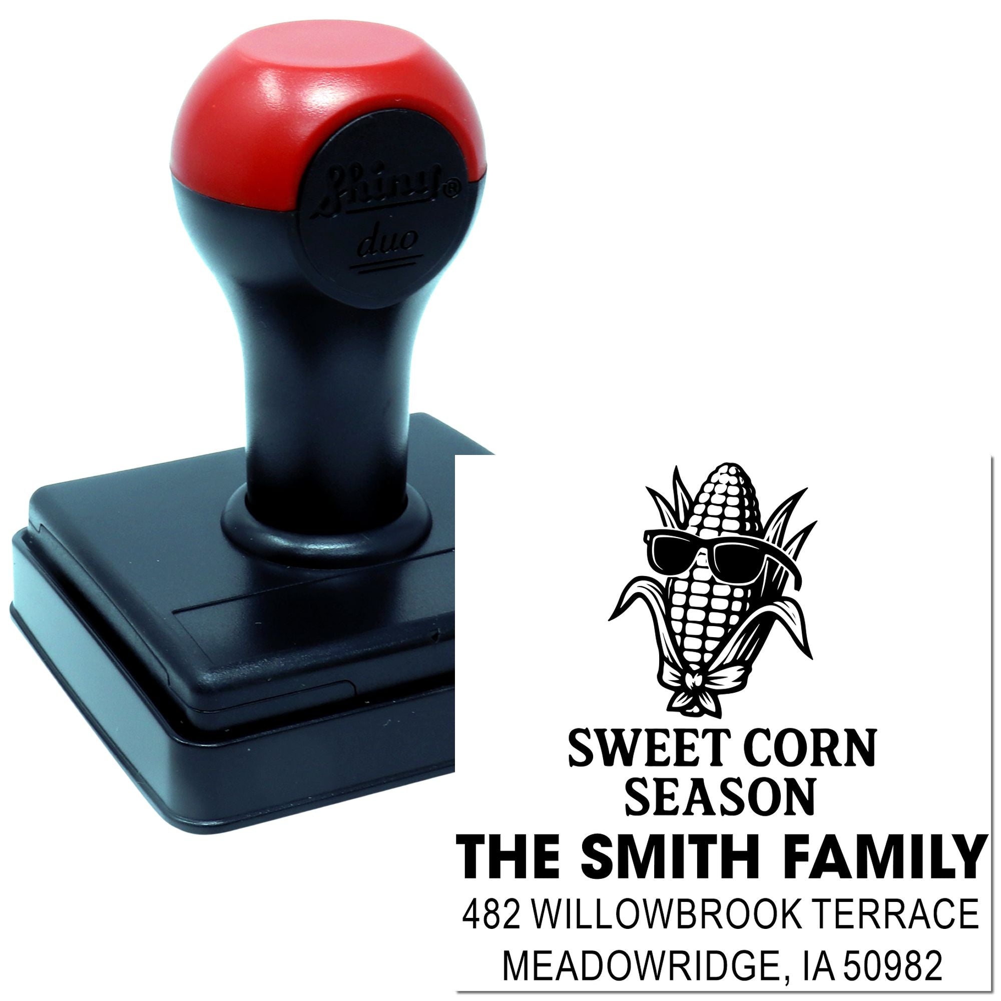 Custom self-inking rubber stamp with Sweet Corn Season design and Smith family personalized address imprint.