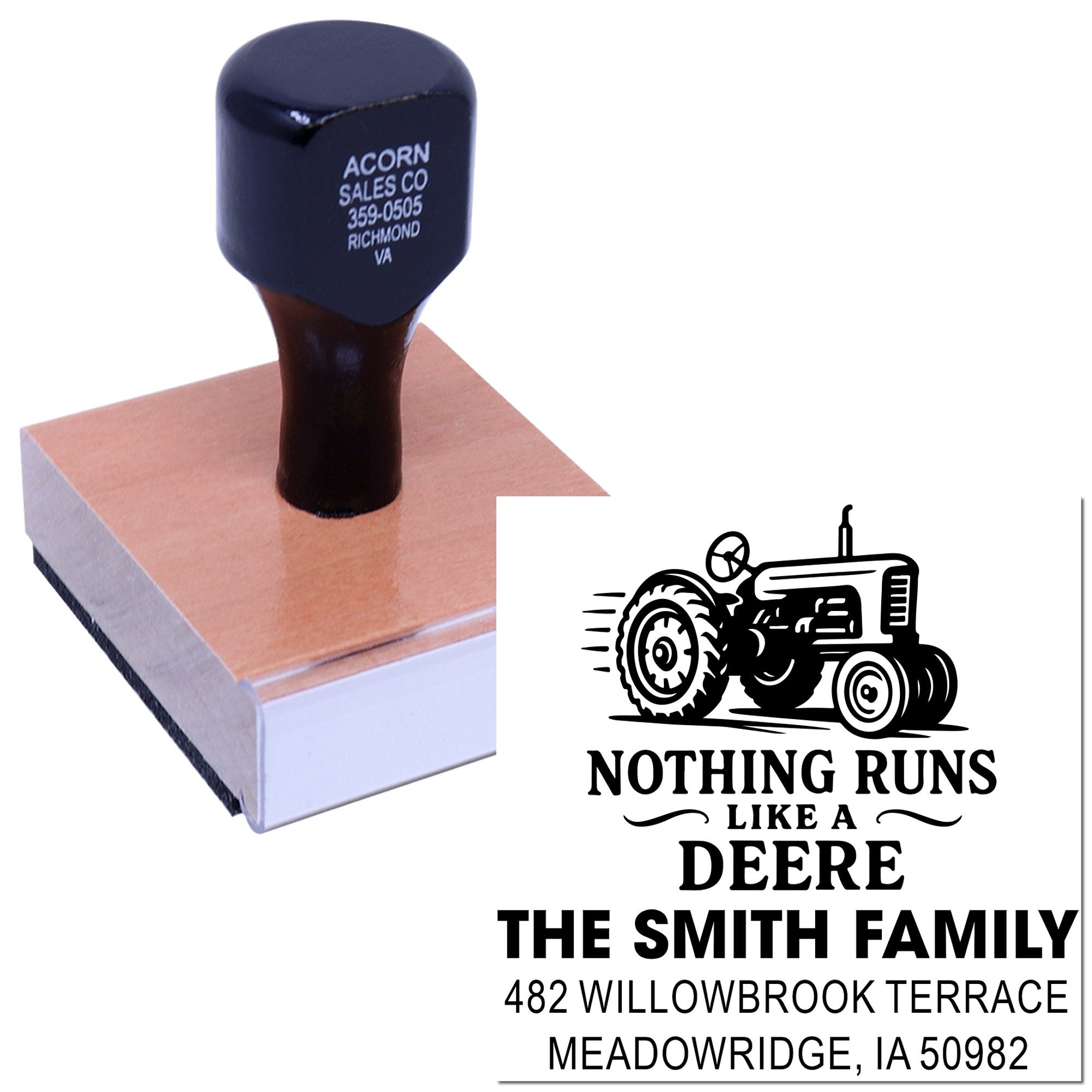 Custom wood-mounted rubber stamp with tractor design and family address for personalized farmhouse mail, branding, or gifts.
