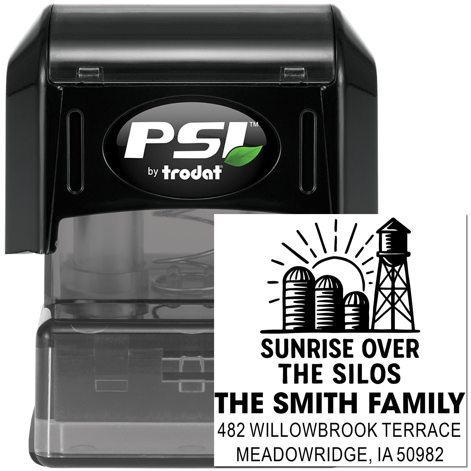 Personalized self-inking rubber stamp by PSI/Trodat with farmhouse silos design and custom return address imprint sample.