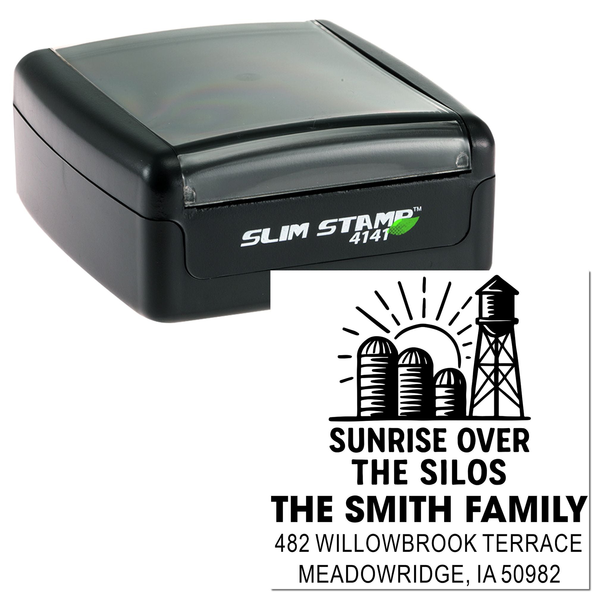 Custom self-inking rubber stamp with farm logo and return address, featuring the Sunrise Over the Silos family design.