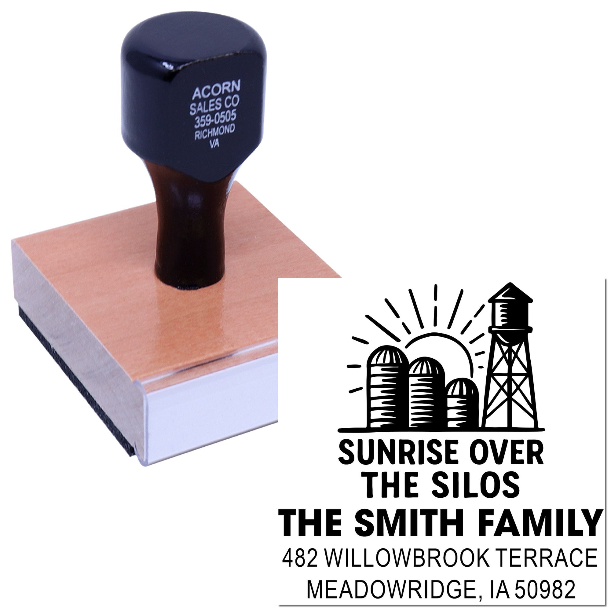 Custom rubber stamp for farmhouse logo and address, featuring sunrise over silos and The Smith Family.