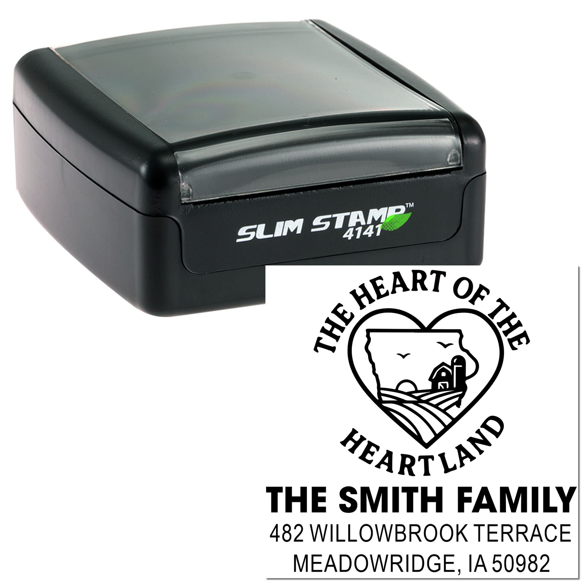 Custom self-inking rubber stamp with Heart of the Heartland return address design for The Smith Family.
