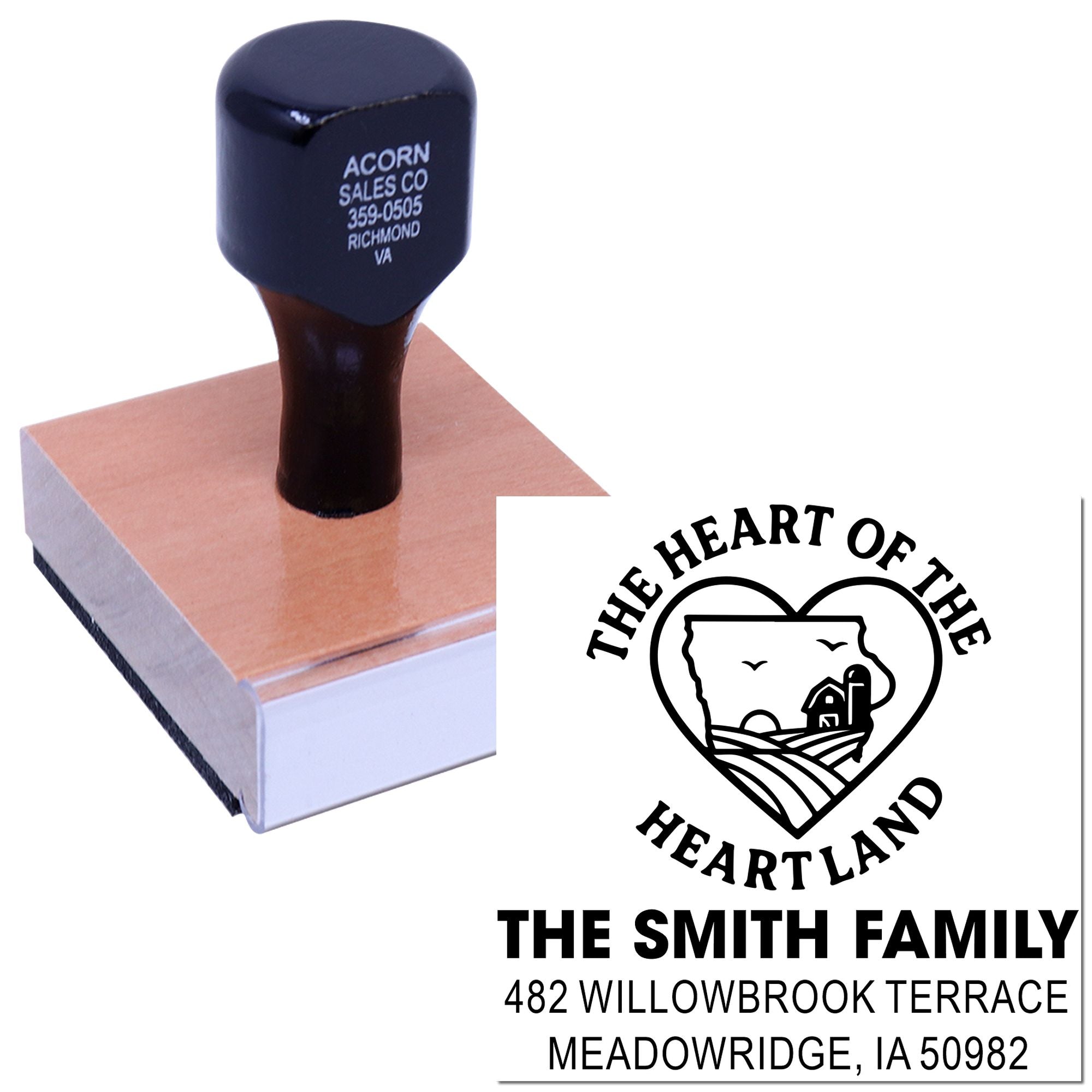 Personalized return address rubber stamp with Heart of the Heartland design for The Smith Family, Meadowridge, Iowa.
