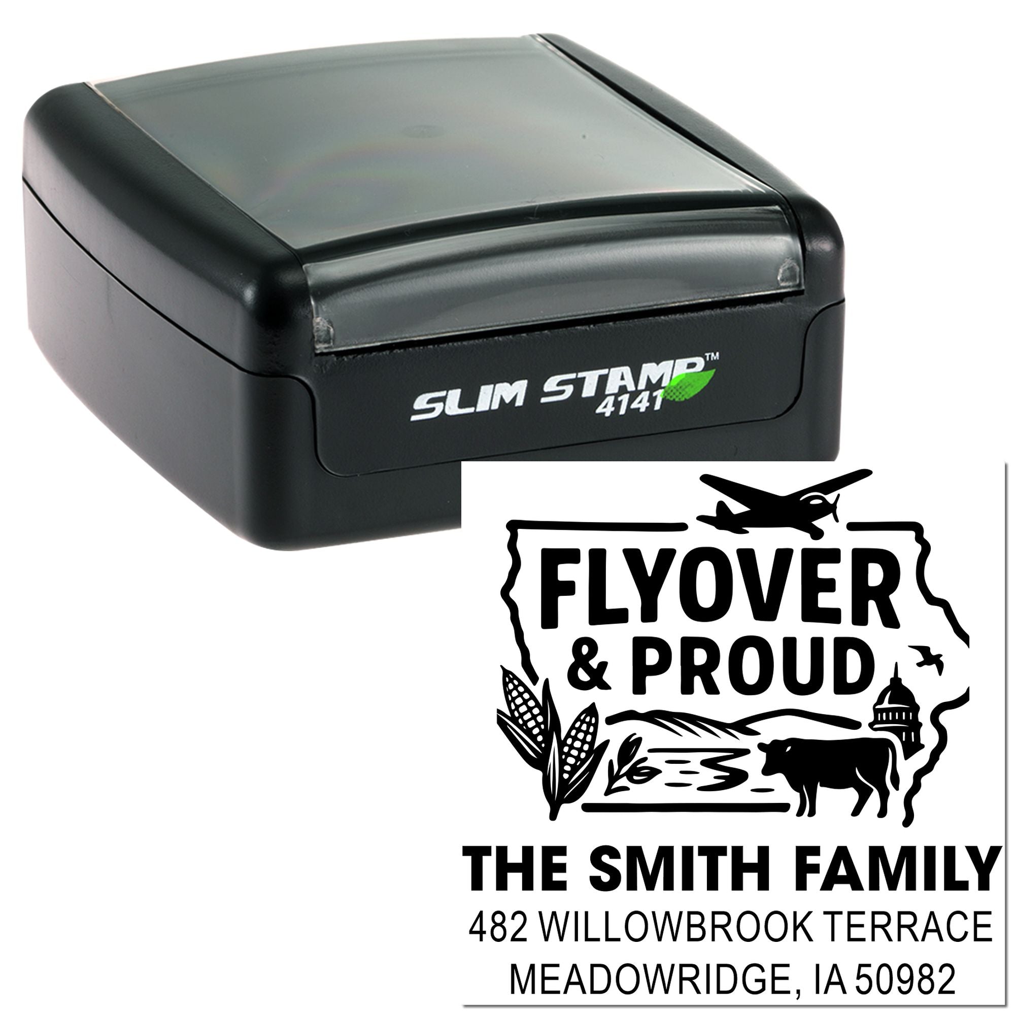 Slim Stamp 4141 self-inking rubber stamp with custom Iowa family return address and Flyover & Proud design.