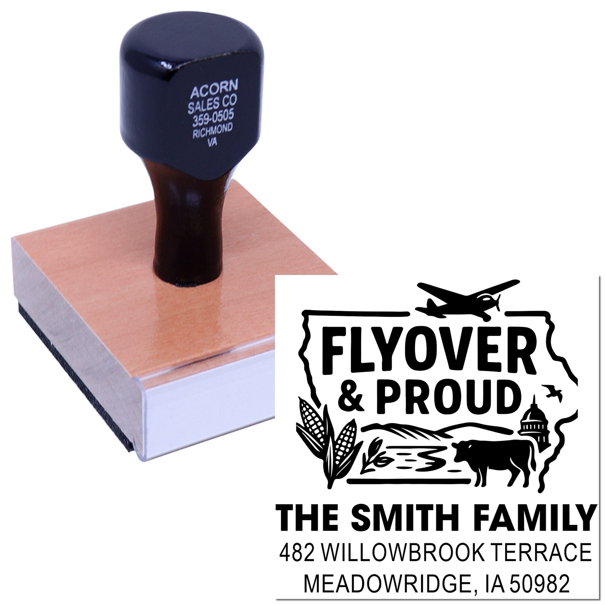 Custom self-inking rubber address stamp with Flyover & Proud design and The Smith Family return address imprint.