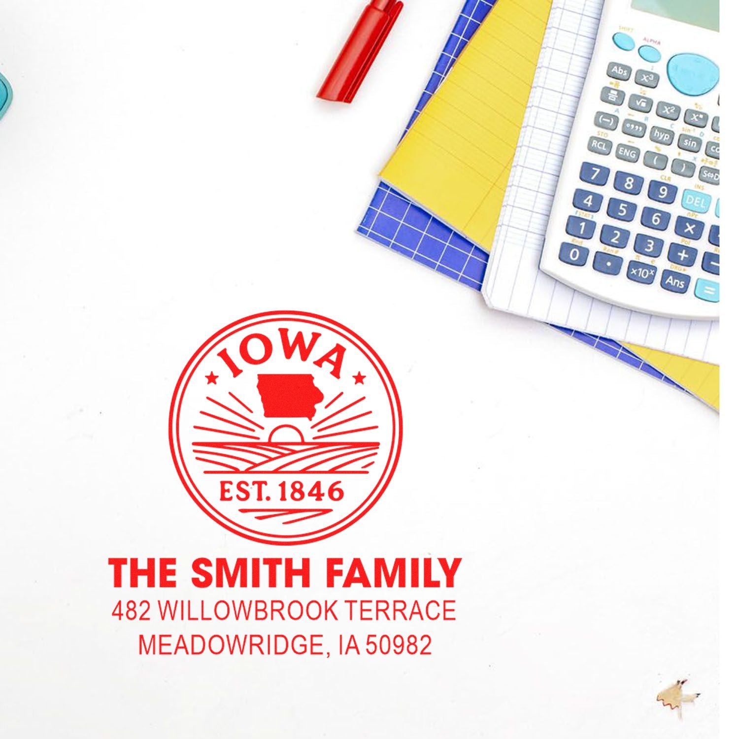 Personalized Iowa family return address rubber stamp with Smith family name and Meadowridge, IA address in a red circular design.