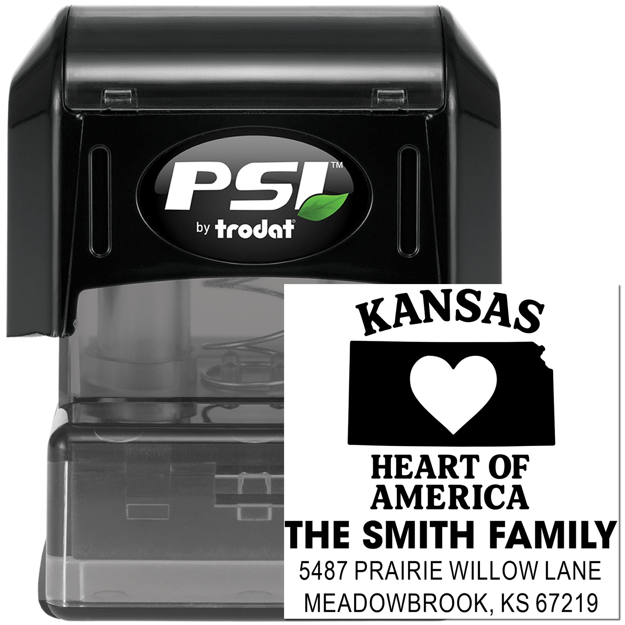 Custom PSI by Trodat self-inking rubber stamp featuring Kansas heart design and personalized Smith family return address.