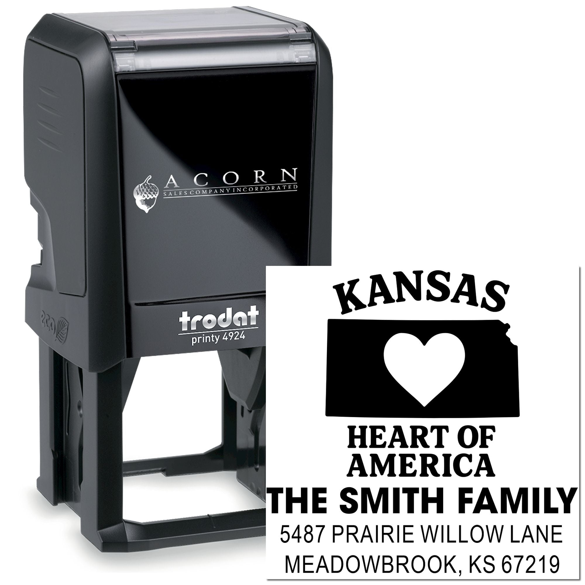 Trodat Printy 4924 self-inking custom address rubber stamp with Kansas heart design and family name imprint