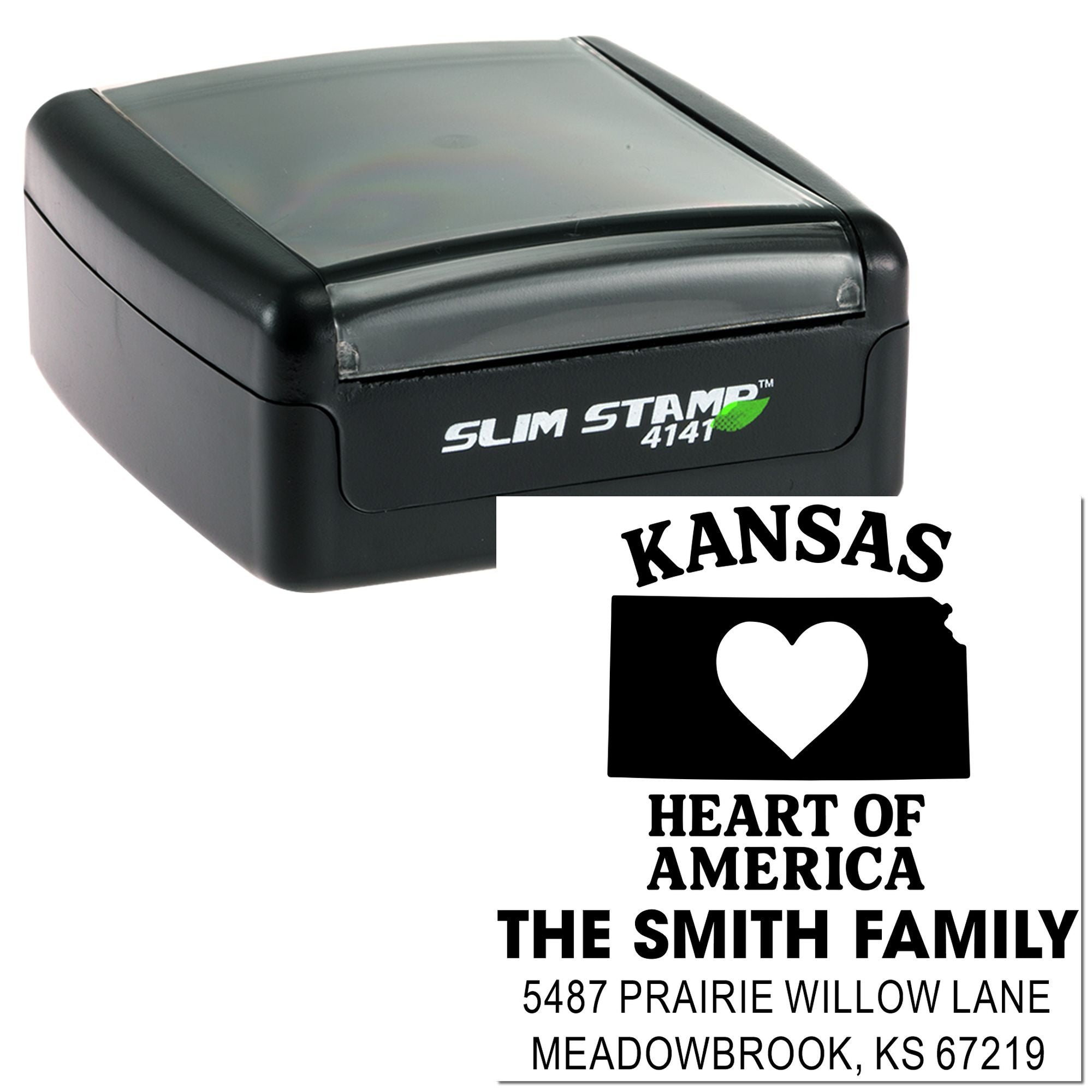 Slim Stamp 4141 self-inking rubber stamp with custom Kansas Heart of America family address design