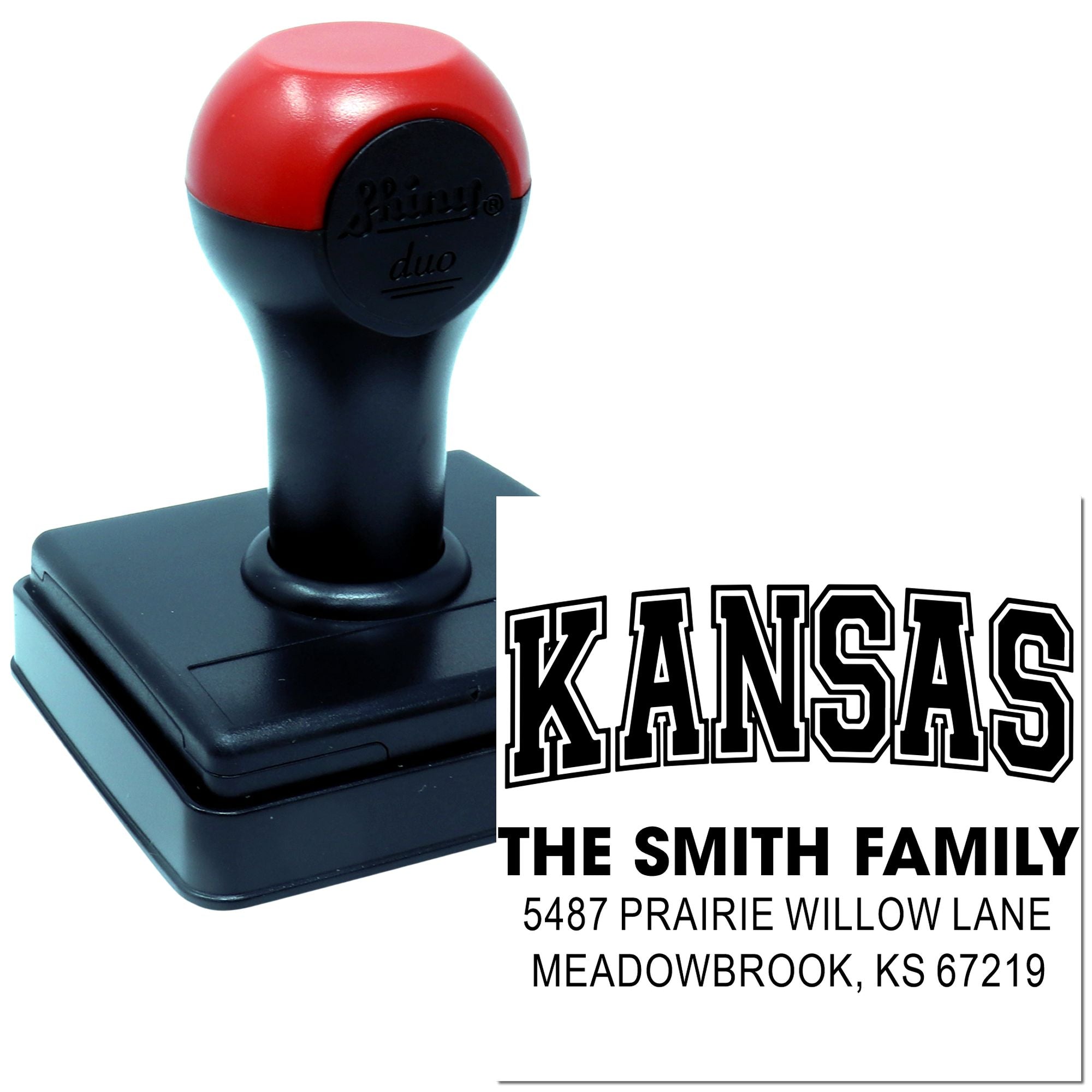 Custom self-inking rubber address stamp for The Smith Family, featuring a Kansas return address design for mailing and labeling.