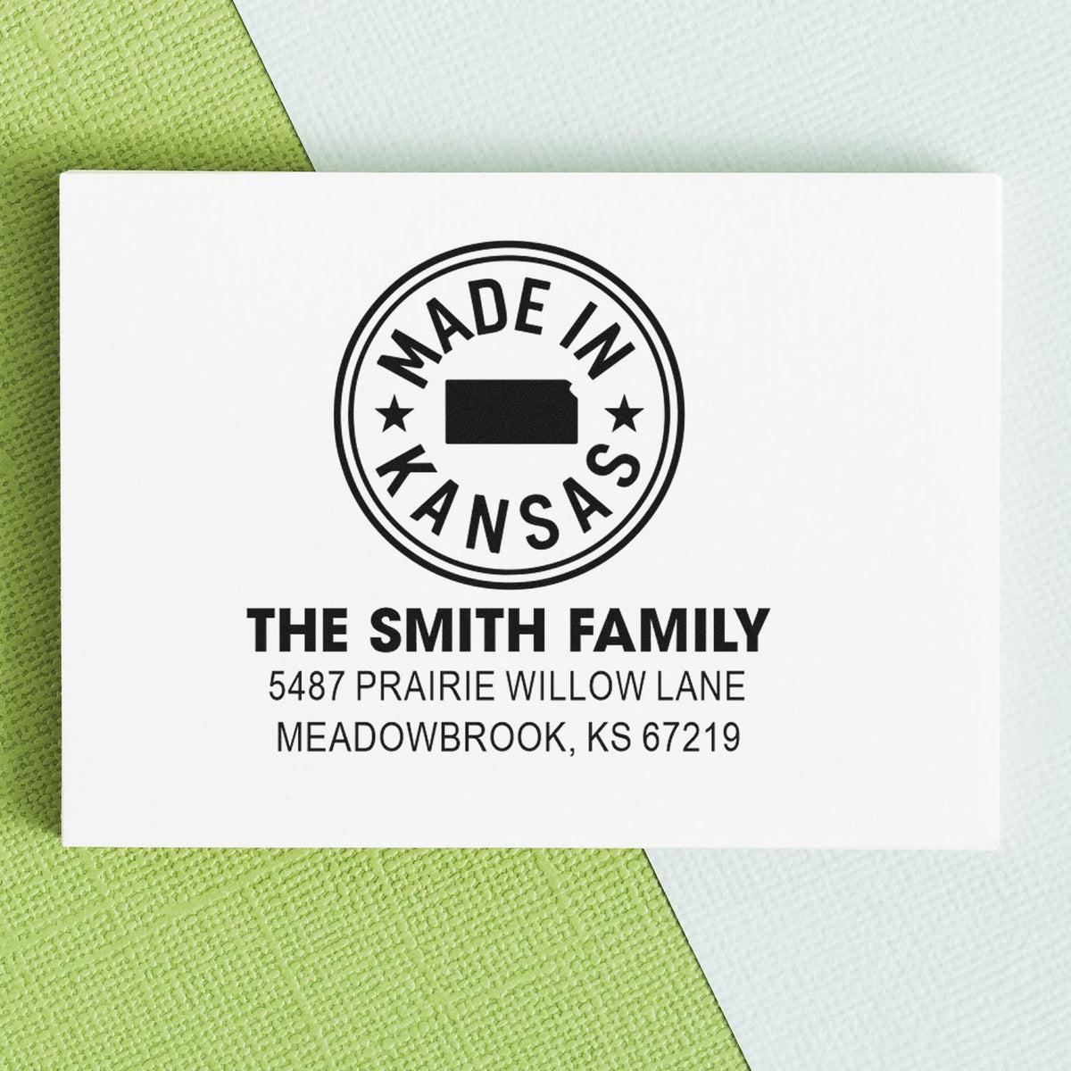 Custom rubber stamp with Made in Kansas seal and Smith family return address for personalized mailing