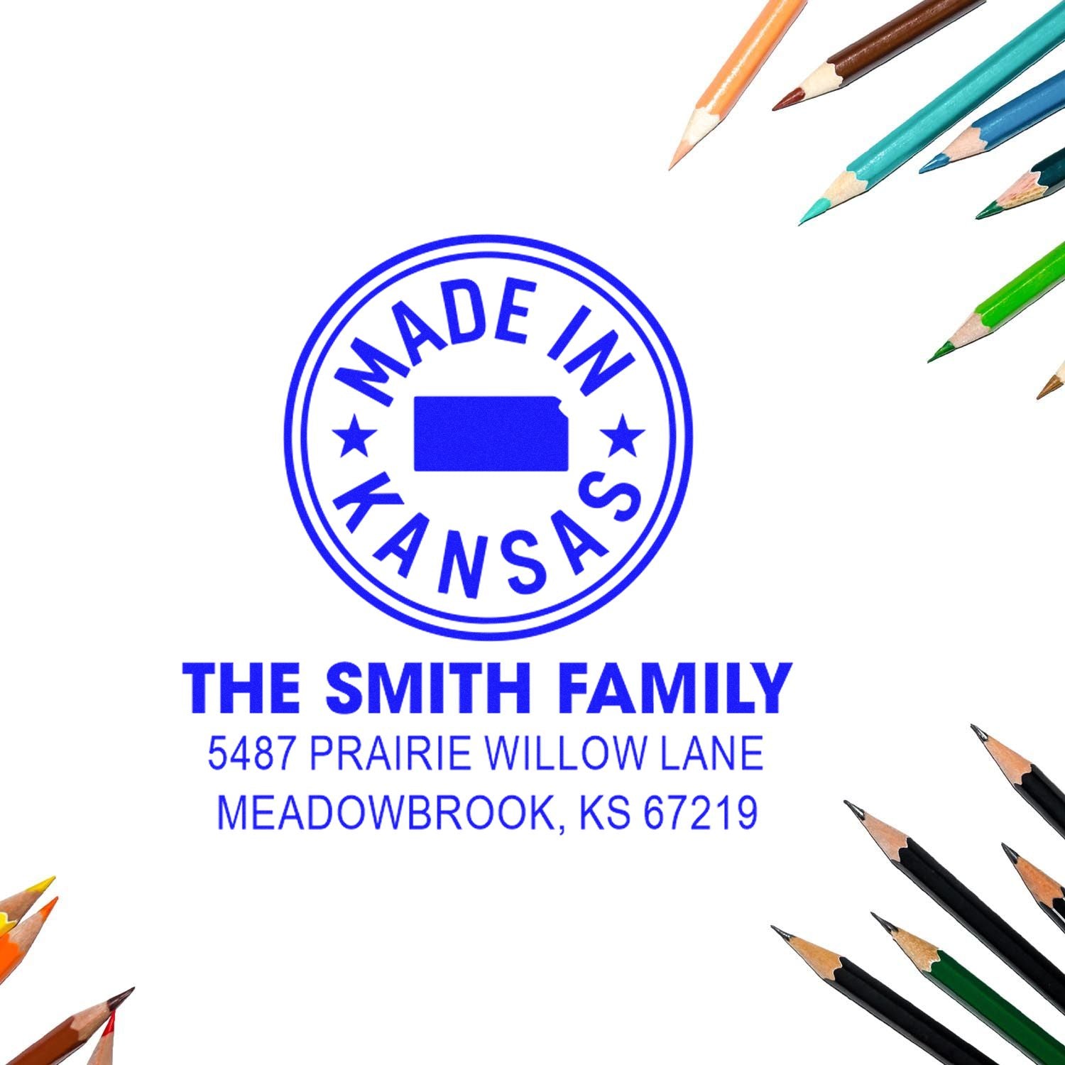 Custom family return address rubber stamp with Made in Kansas logo for The Smith Family, Meadowbrook, KS 67219