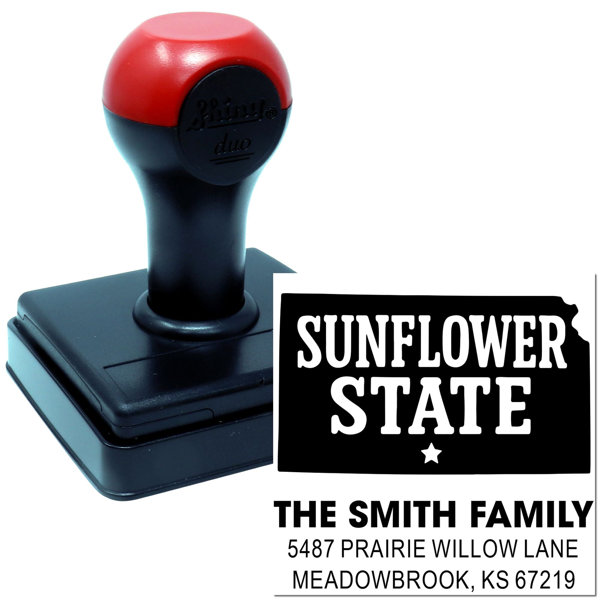Personalized self-inking address rubber stamp with Sunflower State design for The Smith Family, Kansas return address.