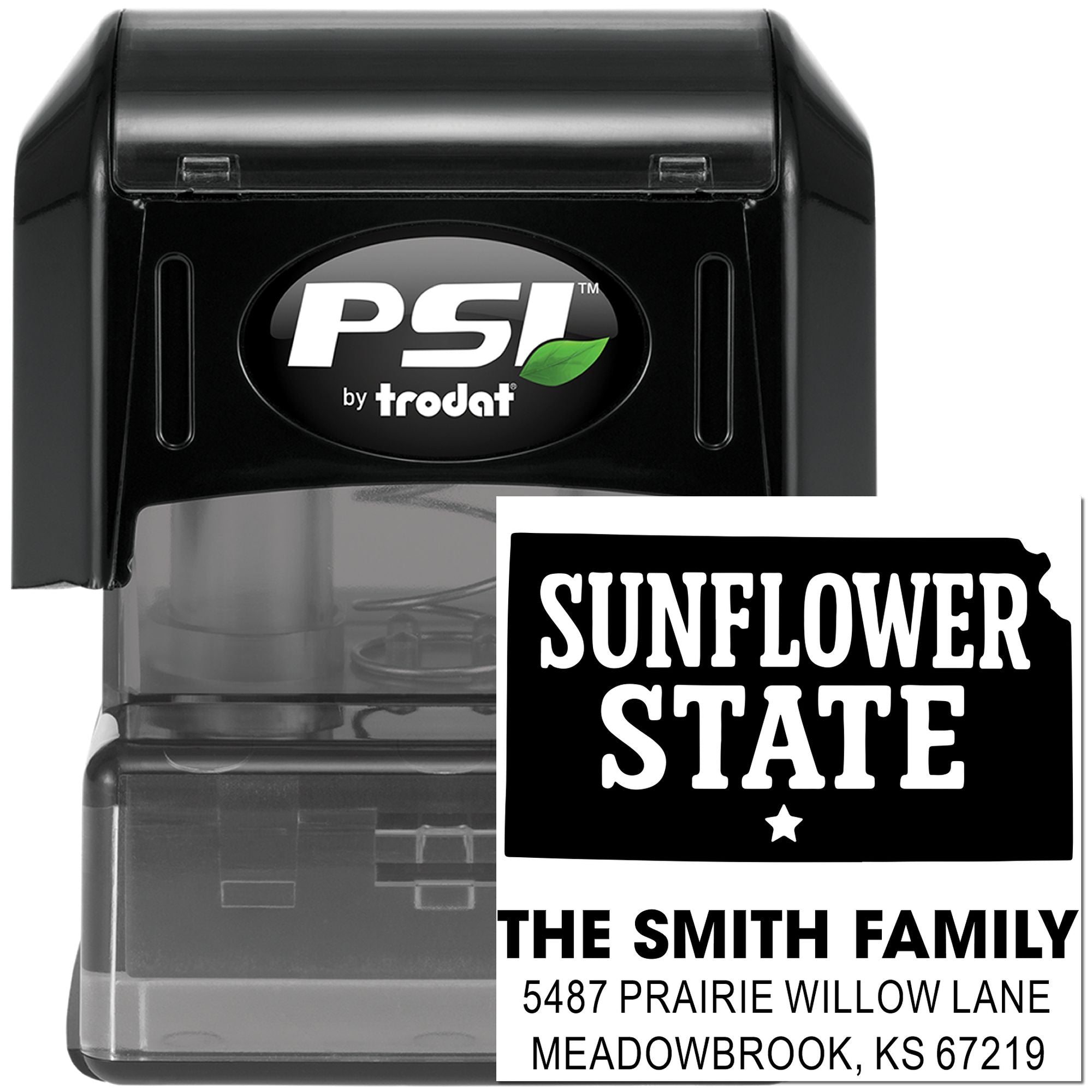Custom self-inking rubber address stamp by PSI Trodat with Sunflower State design and Smith family return address.