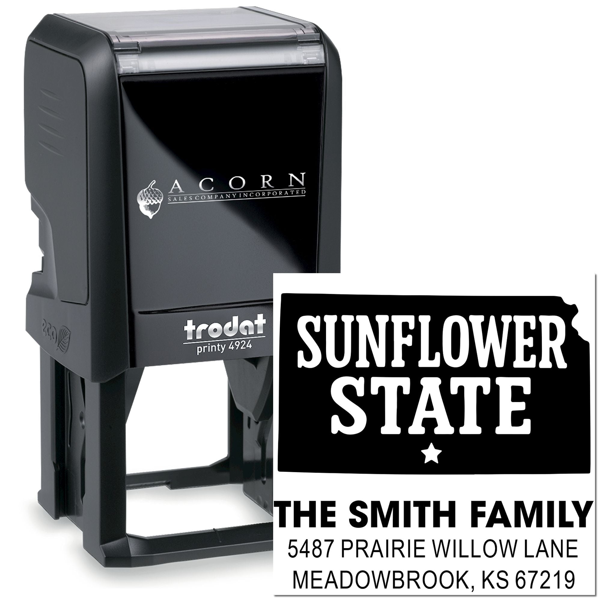 Custom self-inking rubber stamp with personalized return address and family name design, featuring Sunflower State imprint.
