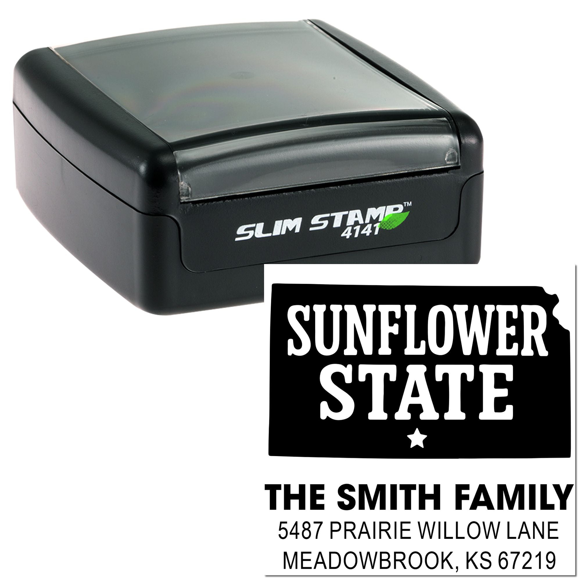 Custom self-inking return address rubber stamp with Sunflower State design and The Smith Family address imprint
