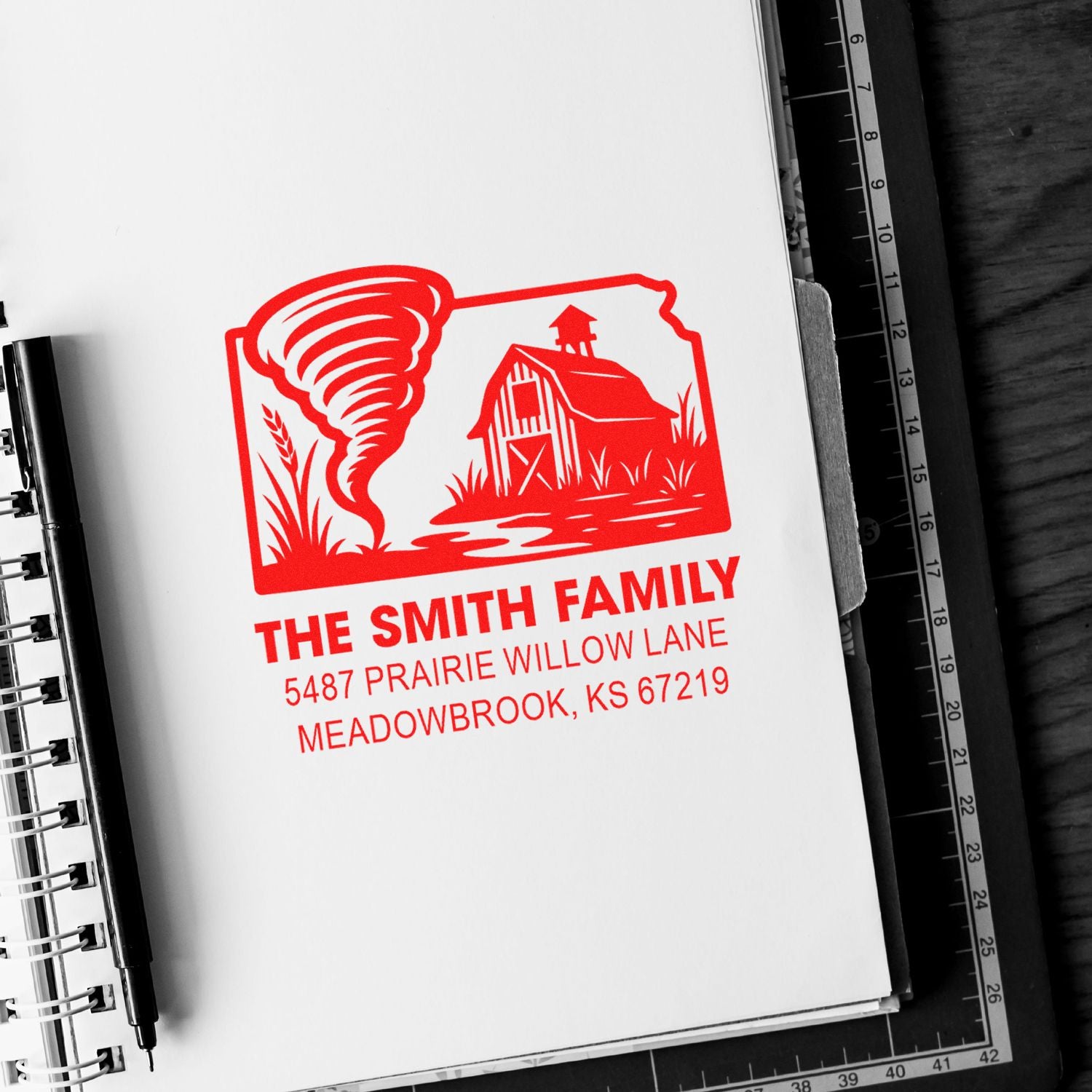 Custom return address rubber stamp with farm barn and tornado design for The Smith Family in Meadowbrook, KS.