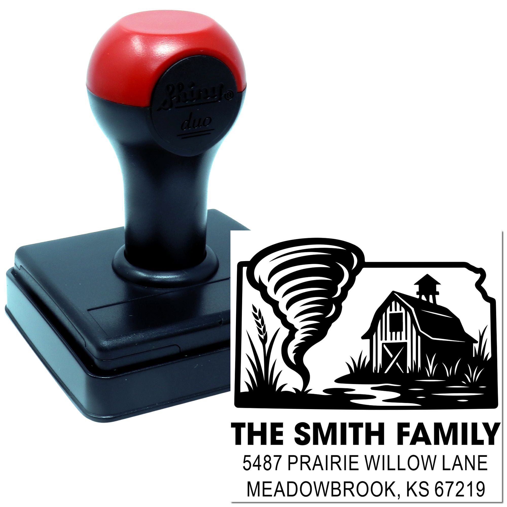 Custom self-inking address rubber stamp with tornado farm design for The Smith Family, Meadowbrook, KS