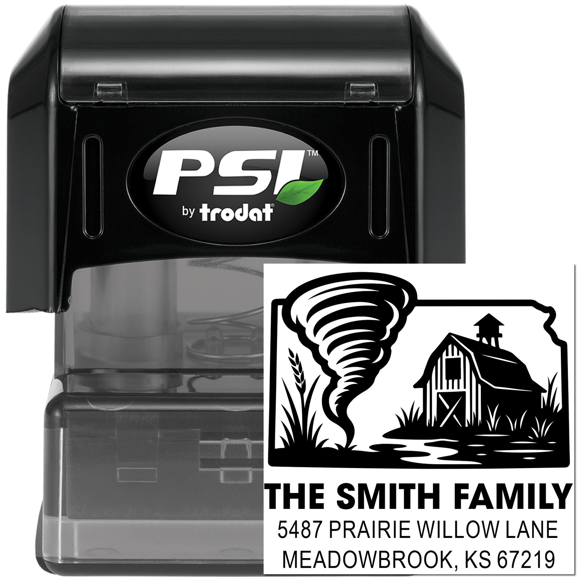 PSI by Trodat self-inking custom address rubber stamp with tornado barn artwork for personalized family mailing.