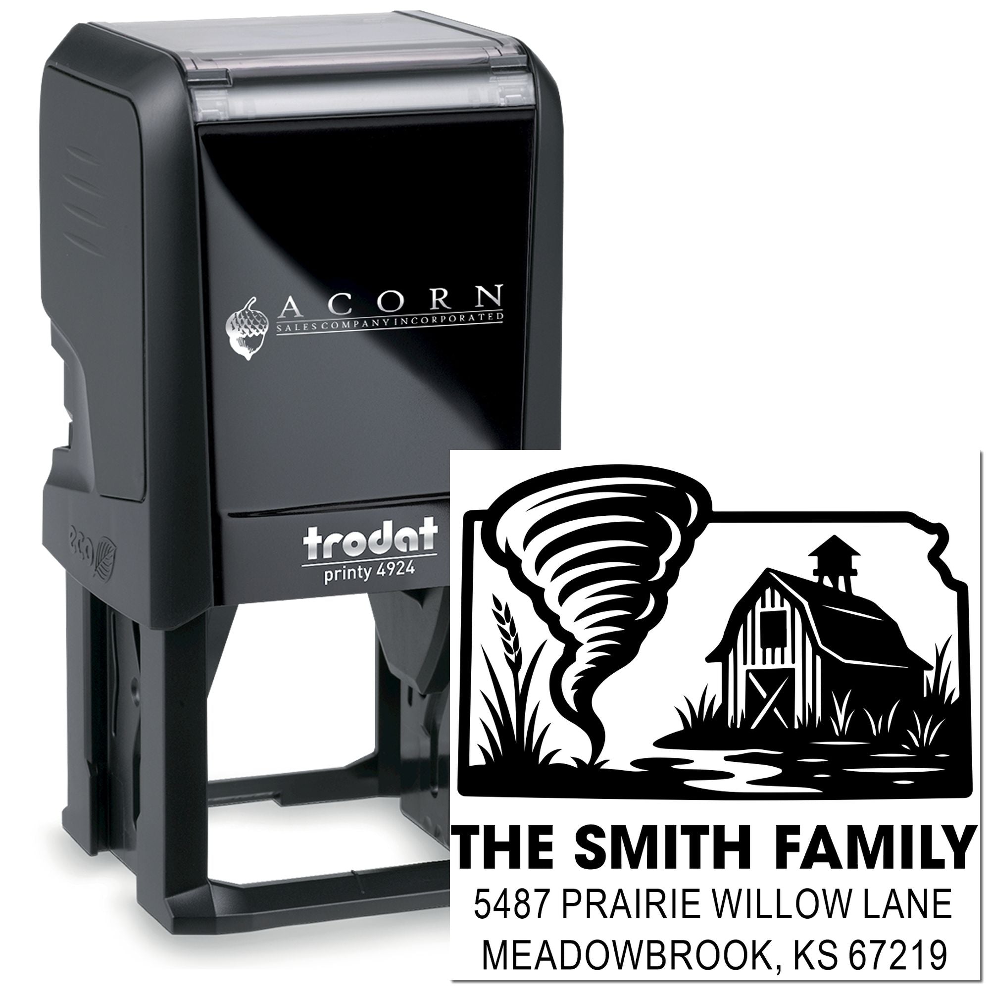 Custom self-inking rubber address stamp with farmhouse tornado design for The Smith Family return mail.