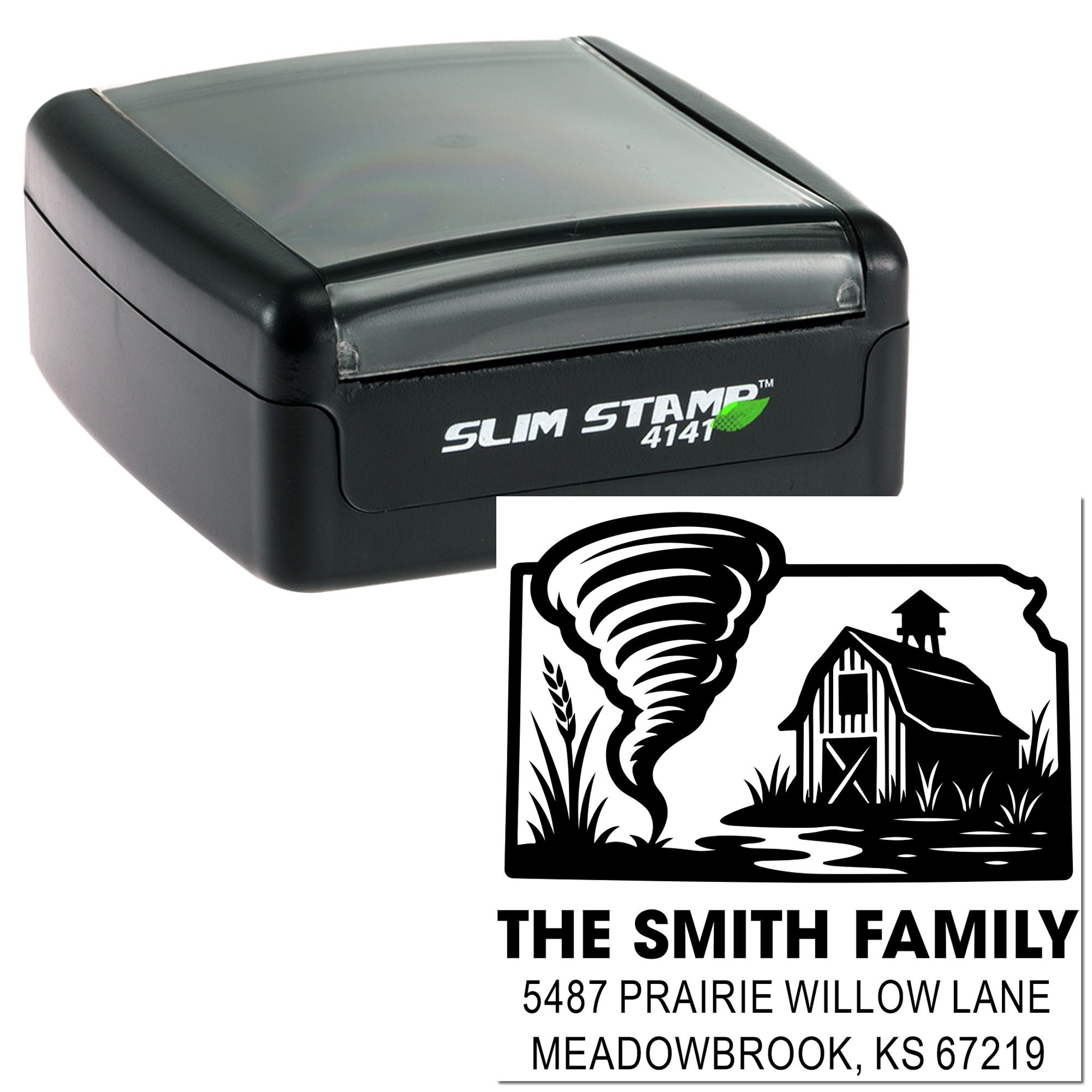 Slim Stamp 4141 custom return address rubber stamp with barn and tornado farm design for The Smith Family