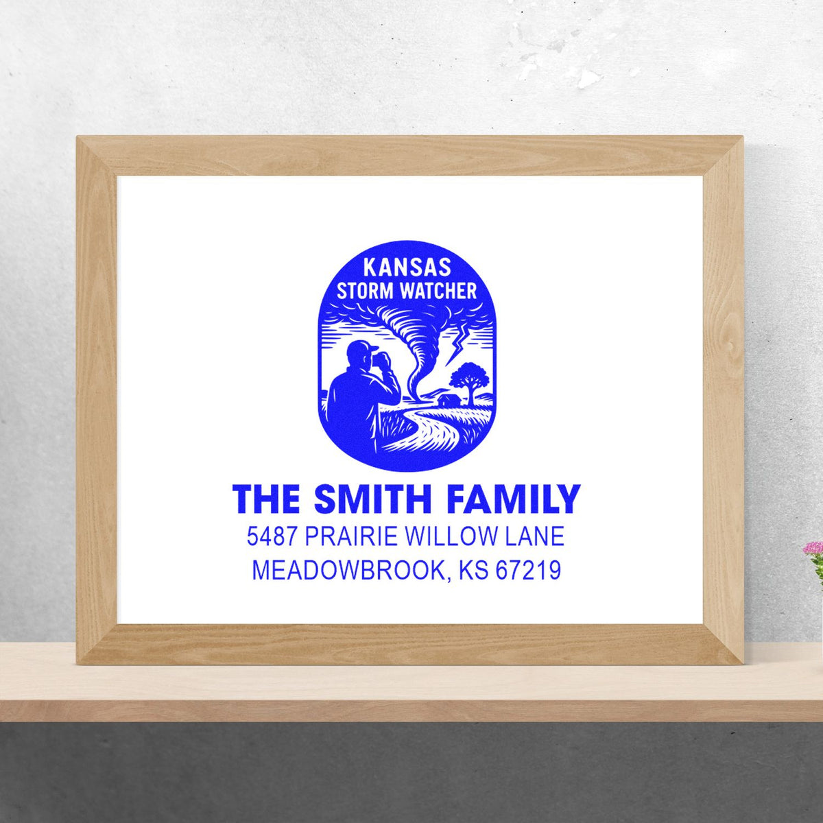Custom Kansas storm watcher return address rubber stamp with tornado design for family mail and stationery.