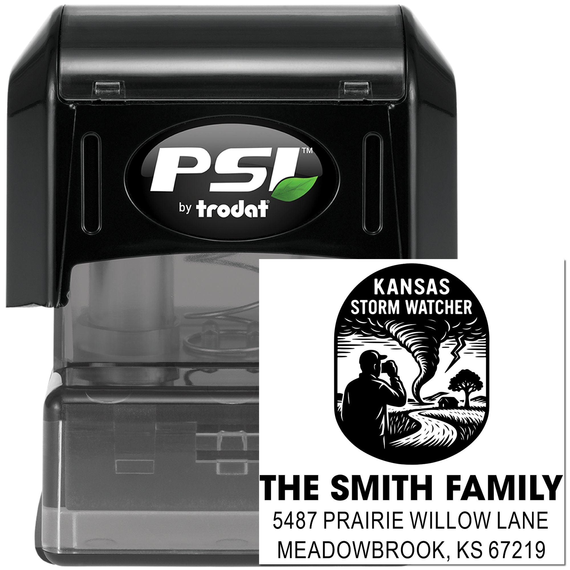 Custom self-inking rubber stamp by PSI Trodat featuring a Kansas Storm Watcher family address design for personalized mail.