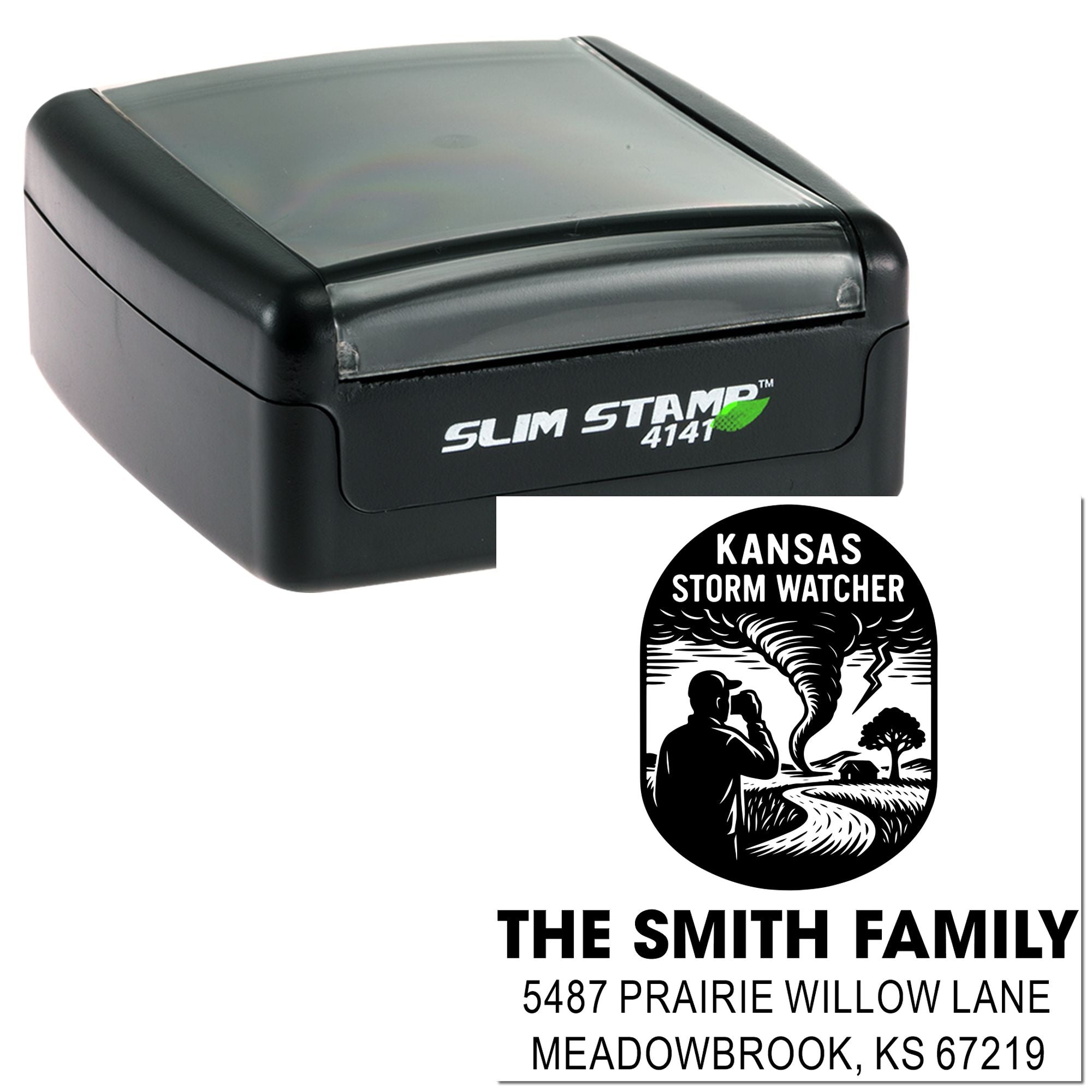 Personalized self-inking rubber stamp for Kansas storm watcher families with custom name and return address design.
