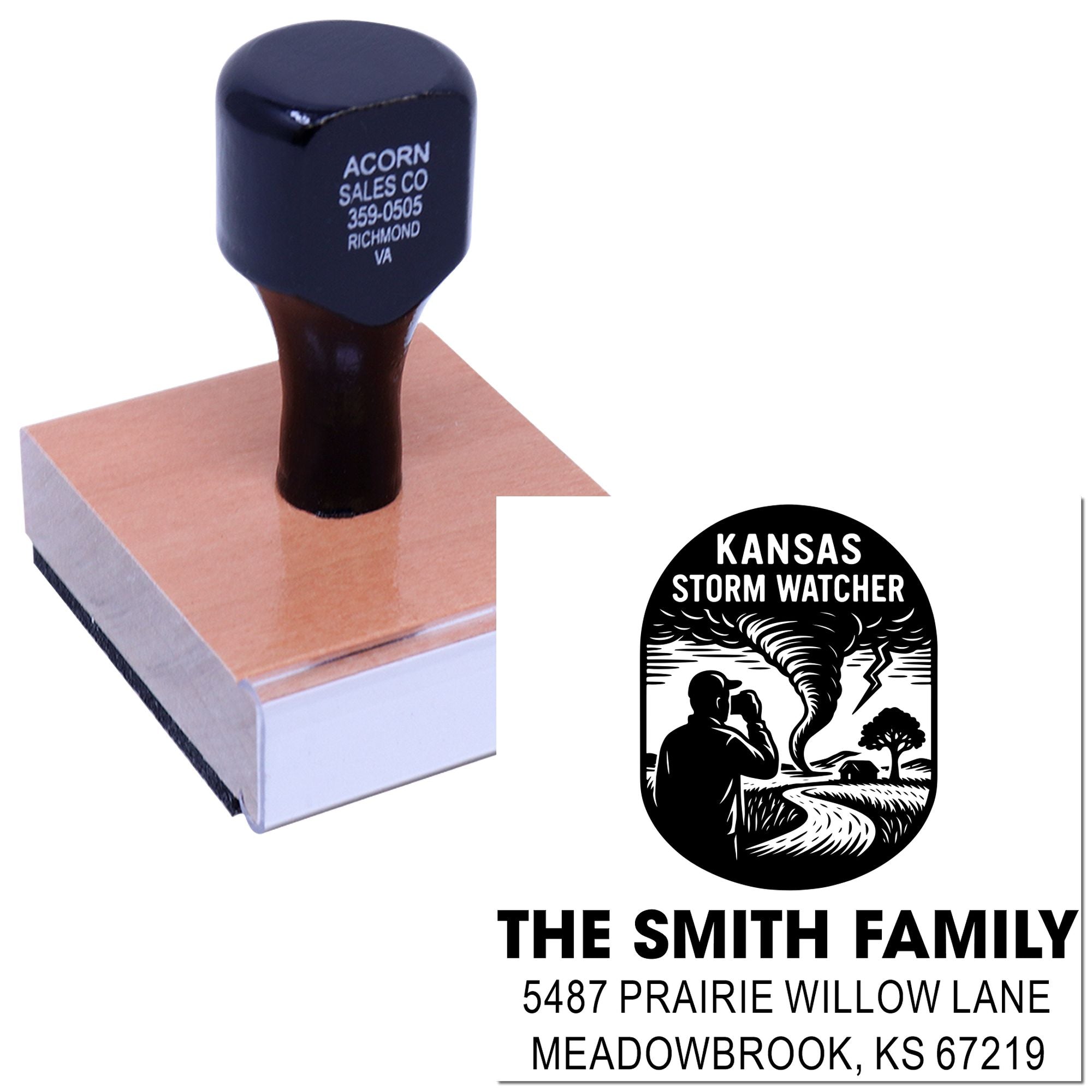 Custom self-inking rubber stamp with Kansas storm watcher design and personalized family return address.