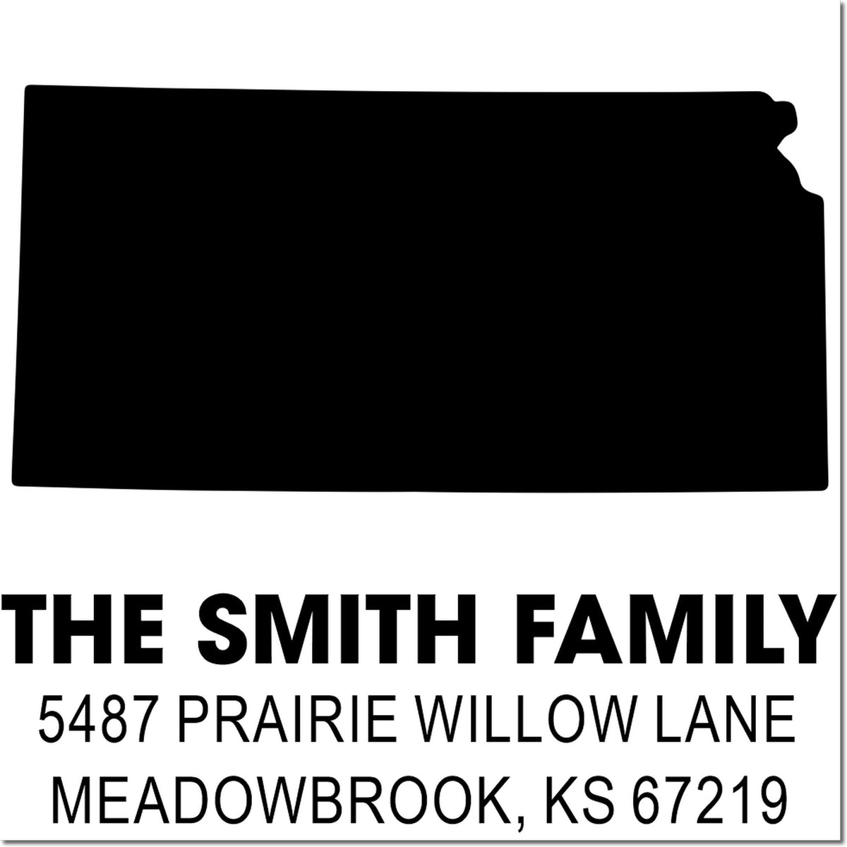 Custom return address rubber stamp for The Smith Family, 5487 Prairie Willow Lane, Meadowbrook, KS 67219.